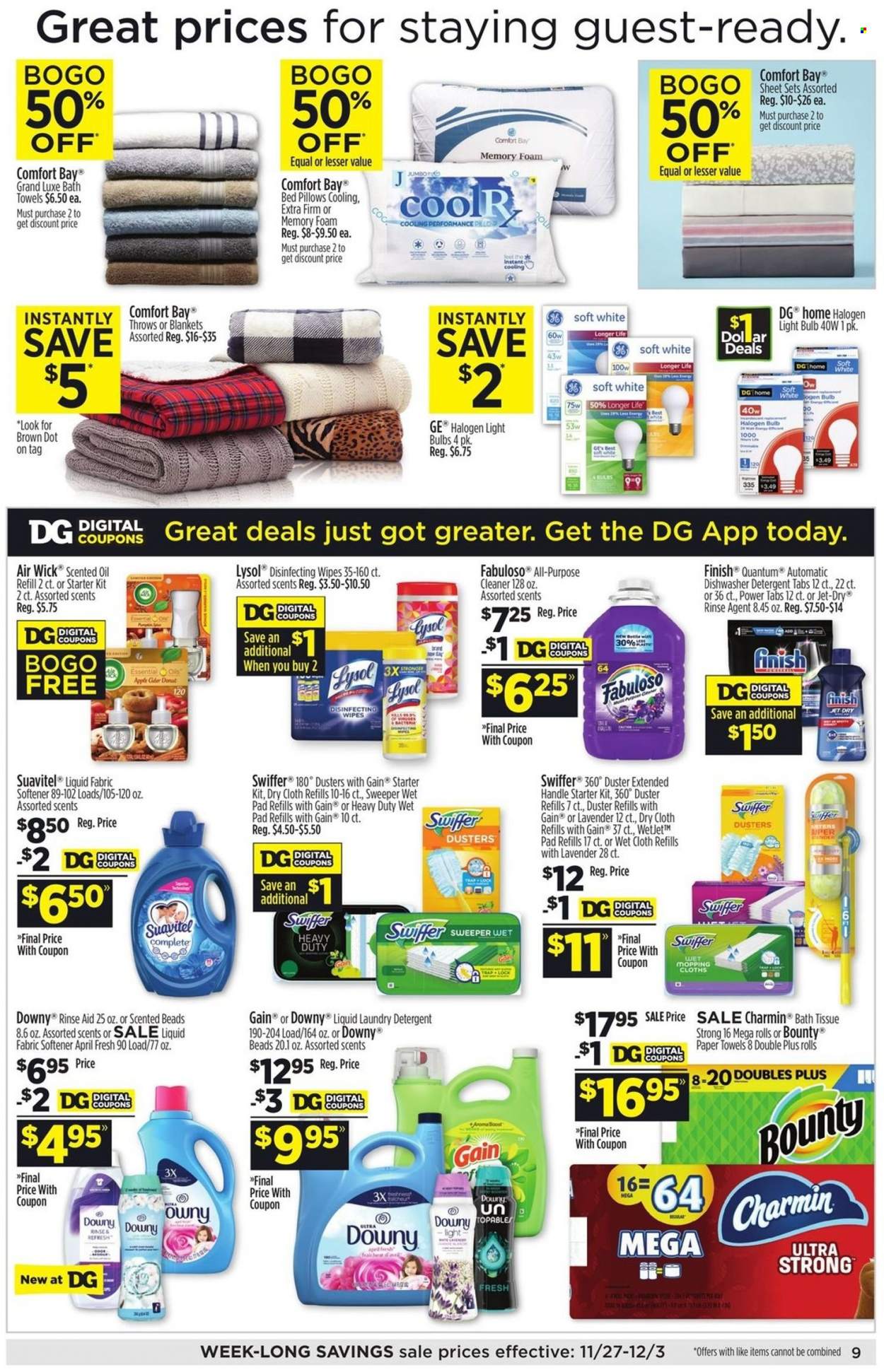 thumbnail - Dollar General Flyer - 11/27/2022 - 12/03/2022 - Sales products - donut, Bounty, oil, apple cider, cider, wipes, bath tissue, kitchen towels, paper towels, Charmin, detergent, Gain, cleaner, Lysol, Fabuloso, Swiffer, fabric softener, laundry detergent, Downy Laundry, Finish Powerball, Finish Quantum Ultimate, Jet, duster, wet pad refill, Air Wick, scented oil, essential oils, bulb, light bulb, blanket, pillow, bath towel. Page 8.