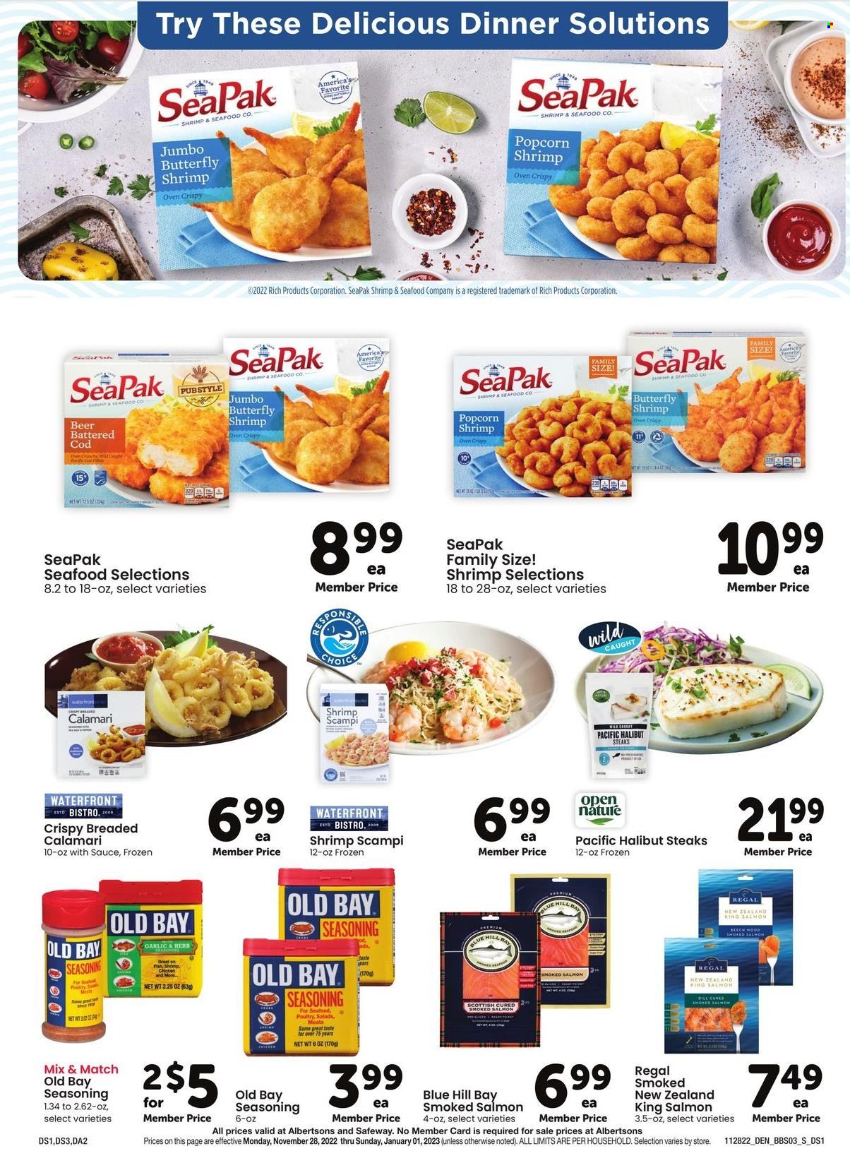 thumbnail - Safeway Flyer - 11/28/2022 - 01/01/2023 - Sales products - steak, calamari, cod, salmon, smoked salmon, halibut, seafood, fish, shrimps, spice, beer. Page 3.