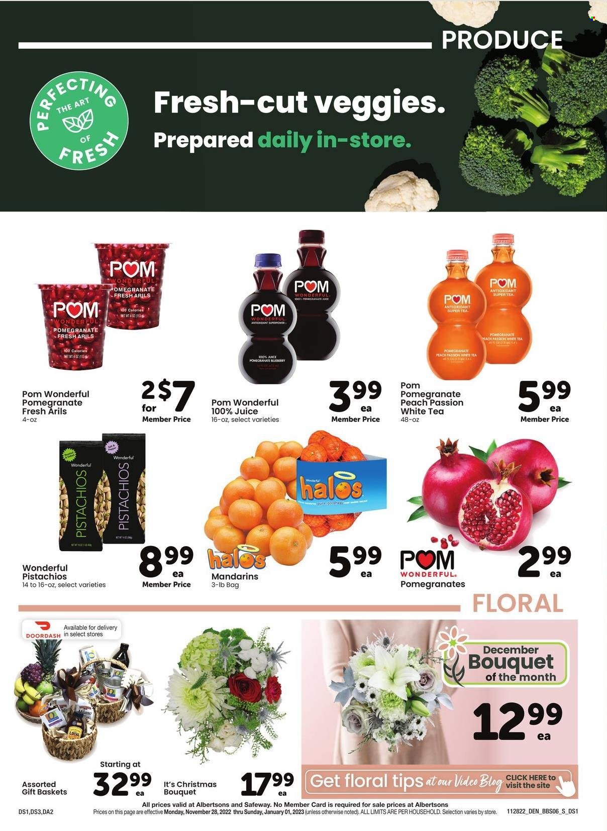 thumbnail - Safeway Flyer - 11/28/2022 - 01/01/2023 - Sales products - mandarines, pistachios, juice, tea, basket, bouquet, pomegranate. Page 6.