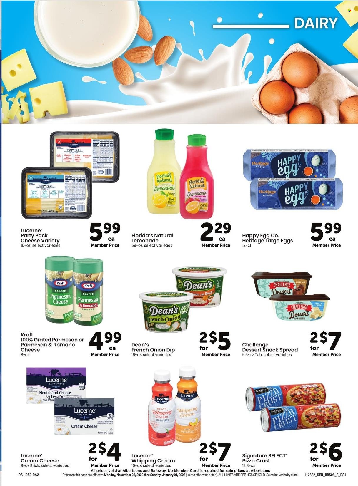 thumbnail - Safeway Flyer - 11/28/2022 - 01/01/2023 - Sales products - pizza, Kraft®, cream cheese, Neufchâtel, cheddar, large eggs, whipping cream, dip, snack, Florida's Natural, lemonade. Page 8.