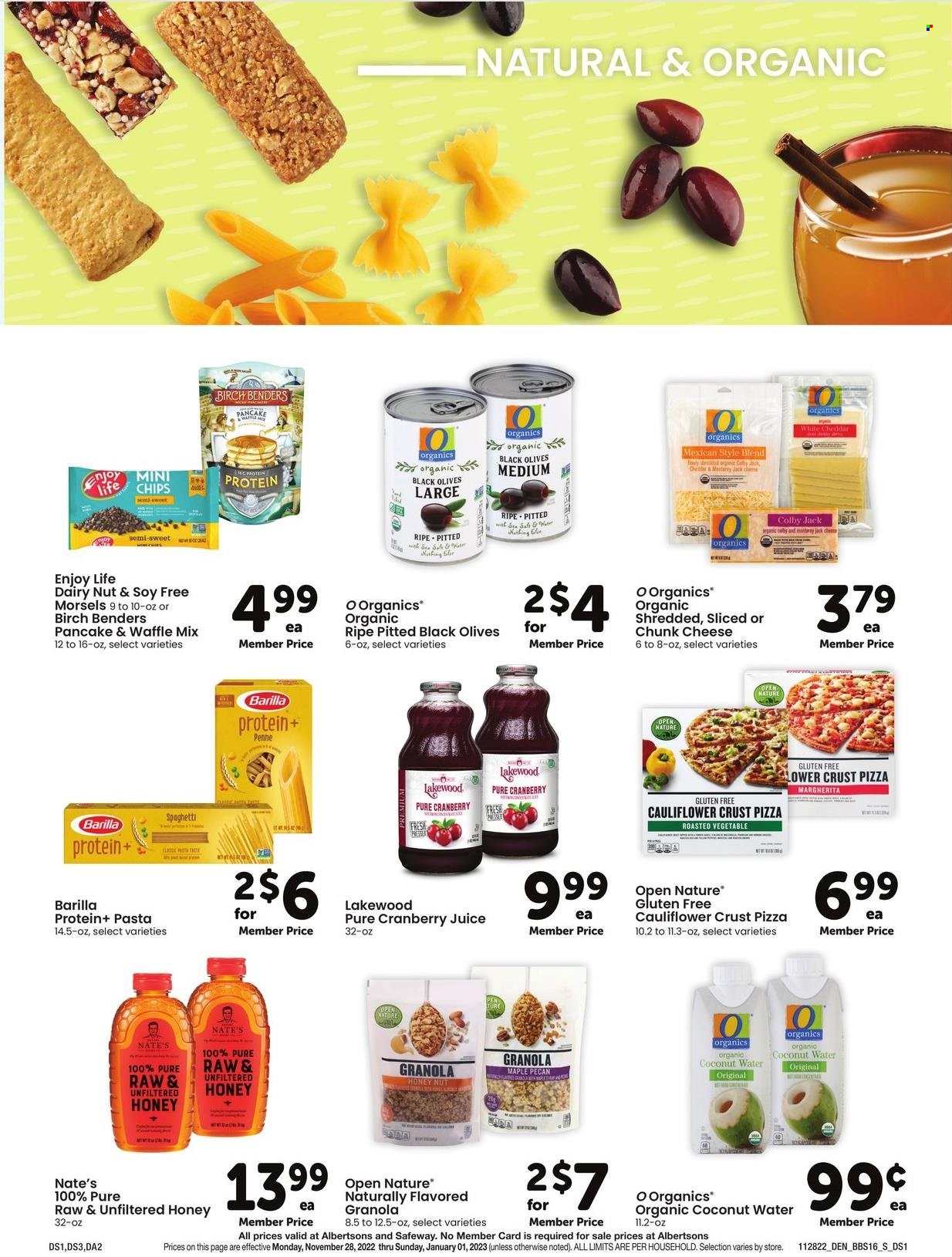 thumbnail - Safeway Flyer - 11/28/2022 - 01/01/2023 - Sales products - spaghetti, pizza, pasta, pancakes, Barilla, Colby cheese, chunk cheese, chips, olives, granola, penne, cranberry juice, juice, coconut water. Page 16.
