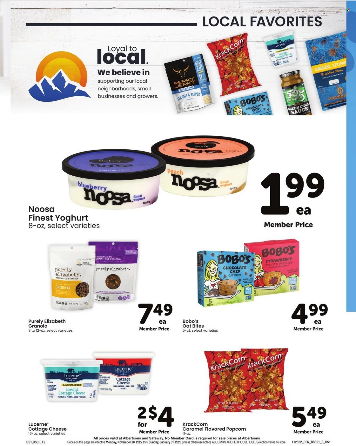 thumbnail - Safeway Flyer - 11/28/2022 - 01/01/2023 - Sales products - coconut, sauce, beef jerky, jerky, cottage cheese, cheese, yoghurt, Sunshine, chocolate chips, popcorn, sea salt, granola, oat bites, caramel, breakfast blend, calcium. Page 21.