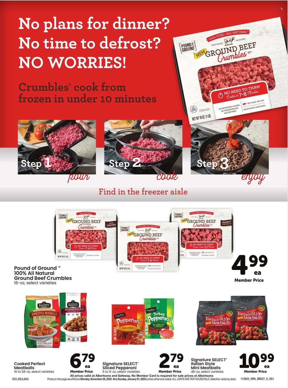 thumbnail - Safeway Flyer - 11/28/2022 - 01/01/2023 - Sales products - onion, ground turkey, beef meat, ground beef, meatballs, pepperoni. Page 27.