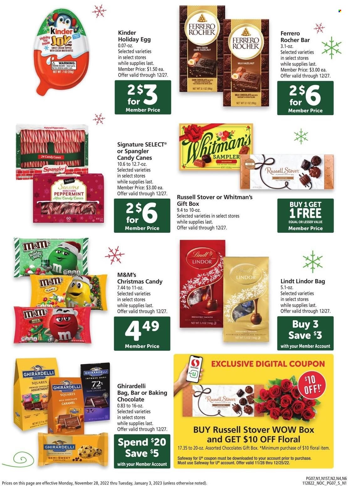 thumbnail - Safeway Flyer - 11/28/2022 - 12/03/2022 - Sales products - amasi, eggs, milk chocolate, chocolate, Lindt, Lindor, Ferrero Rocher, truffles, M&M's, dark chocolate, Ghirardelli, caramel, gift box. Page 7.
