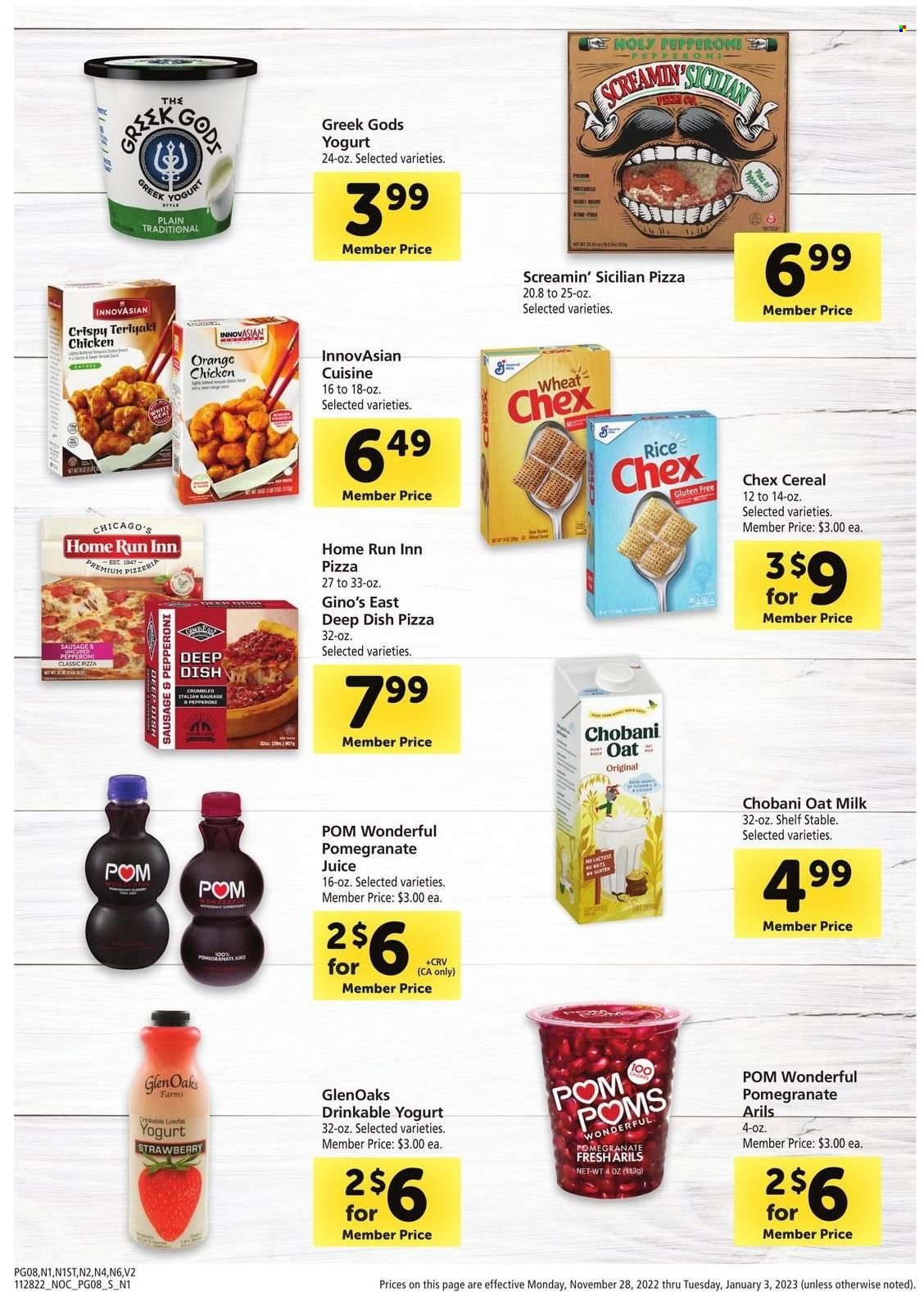 thumbnail - Safeway Flyer - 11/28/2022 - 12/03/2022 - Sales products - oranges, pizza, sausage, pepperoni, chicken sausage, yoghurt, Chobani, milk, oat milk, Screamin' Sicilian, cereals, juice, Pom Poms, pomegranate. Page 8.