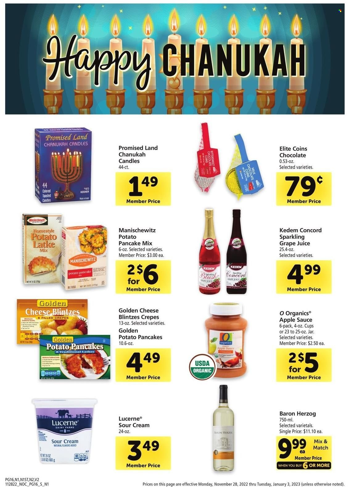 thumbnail - Safeway Flyer - 11/28/2022 - 12/03/2022 - Sales products - sauce, pancakes, potato pancakes, cheese, sour cream, chocolate, apple sauce, juice, Kedem, brush, cup, candle. Page 16.