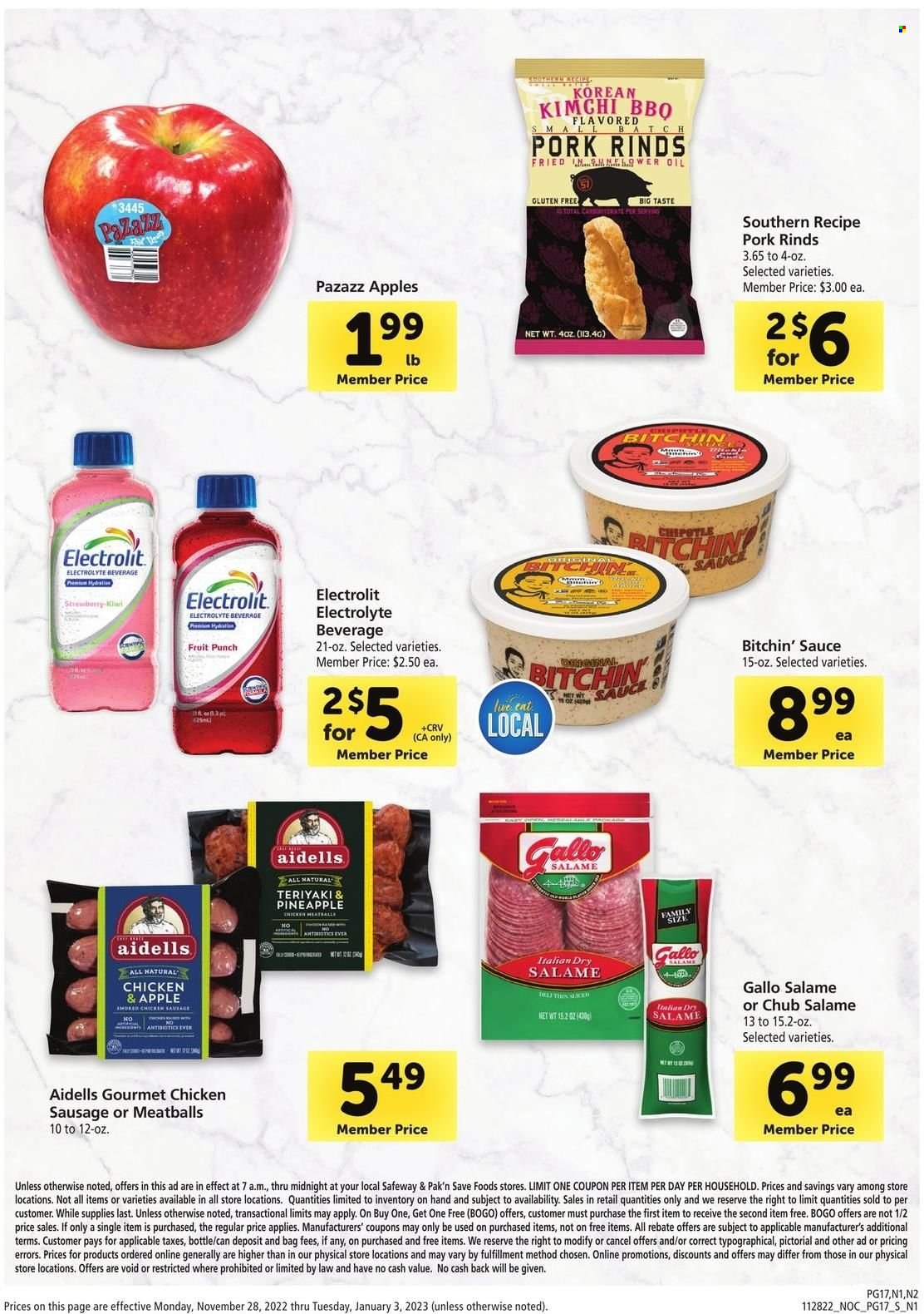 thumbnail - Safeway Flyer - 11/28/2022 - 12/03/2022 - Sales products - apples, kiwi, pineapple, meatballs, sauce, sausage, chicken sausage, oil, fruit punch. Page 17.