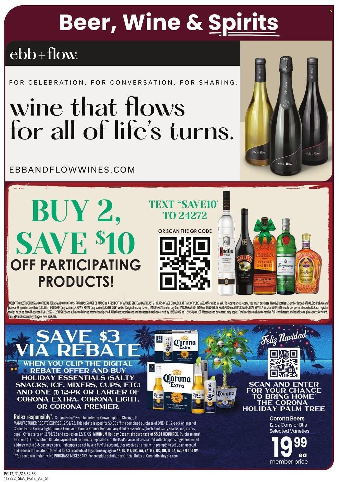 thumbnail - Safeway Flyer - 11/28/2022 - 01/01/2023 - Sales products - snack, Celebration, wine, bourbon, gin, liqueur, vodka, irish cream, Baileys, beer, Corona Extra, cup. Page 12.