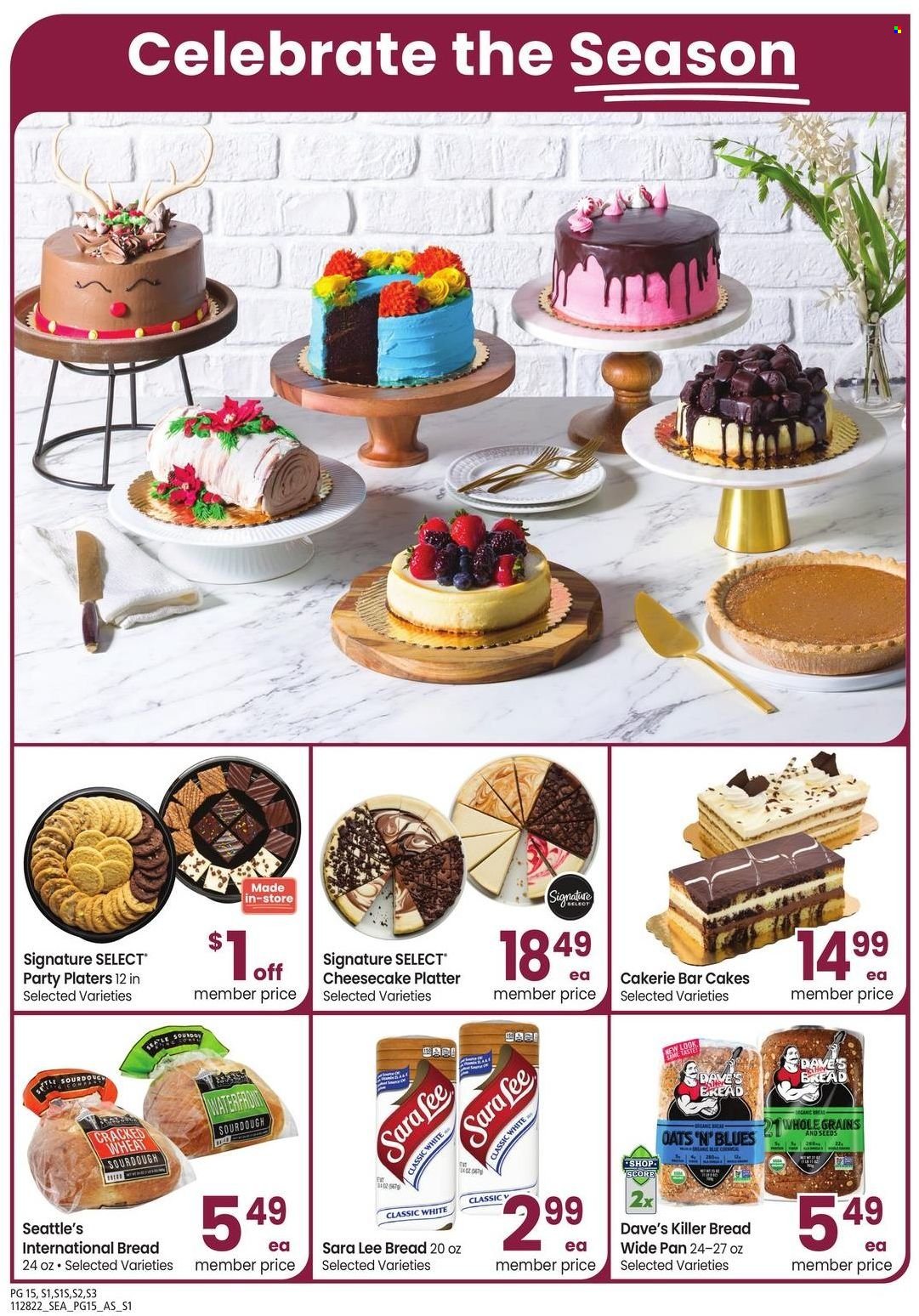 thumbnail - Safeway Flyer - 11/28/2022 - 01/01/2023 - Sales products - bread, cake, Sara Lee, cheesecake, oats, pan. Page 15.