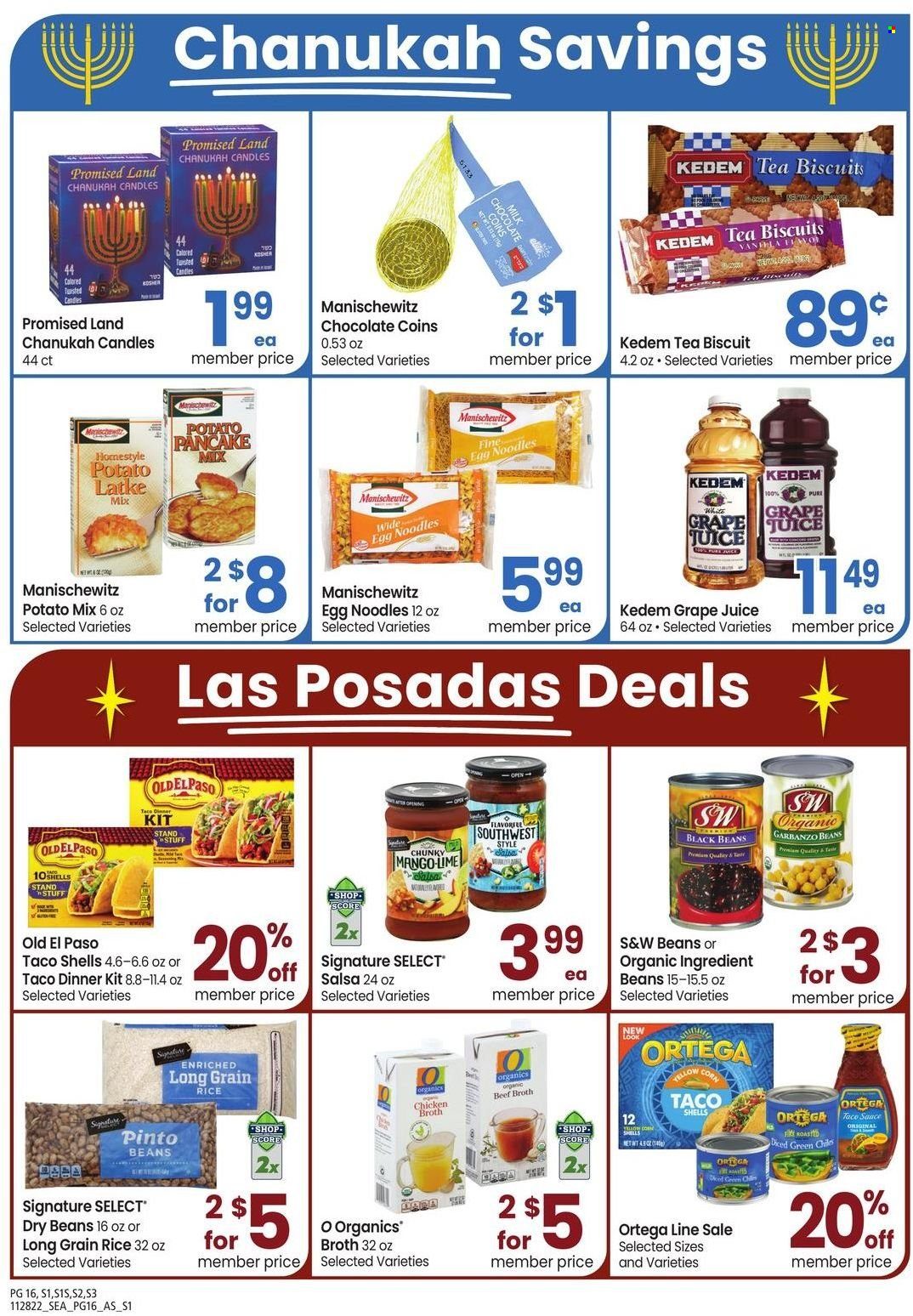 thumbnail - Safeway Flyer - 11/28/2022 - 01/01/2023 - Sales products - Old El Paso, beans, sauce, pancakes, dinner kit, noodles, chocolate, biscuit, beef broth, broth, black beans, pinto beans, rice, egg noodles, dry beans, long grain rice, salsa, juice, Kedem, candle. Page 16.