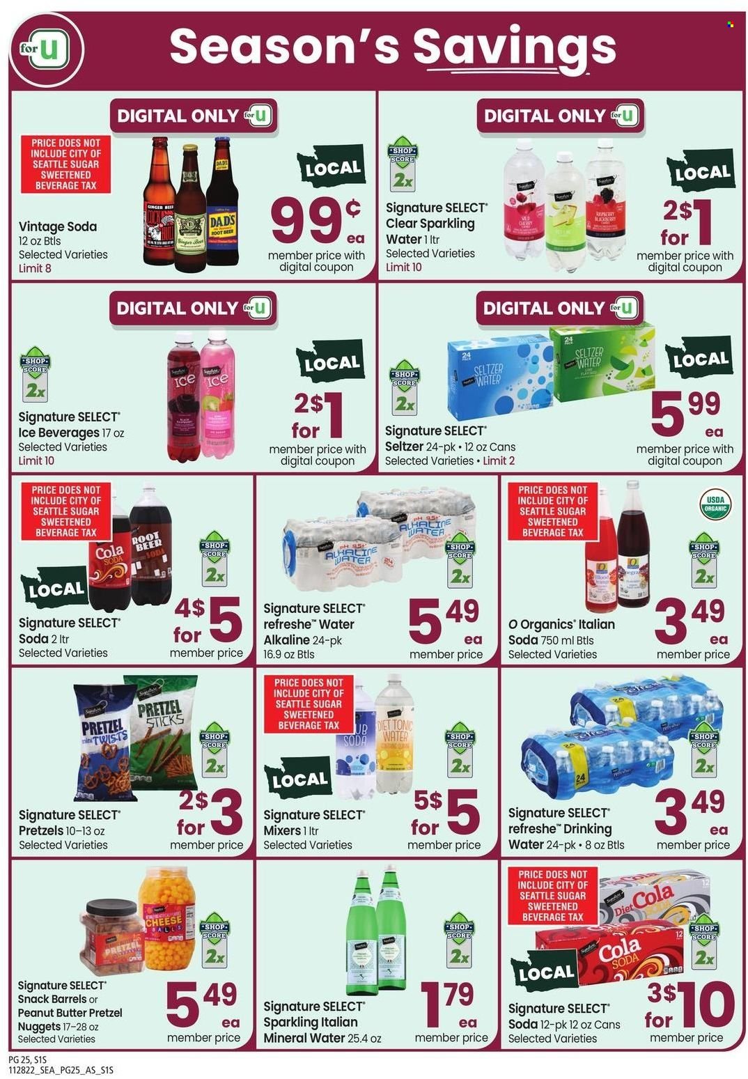 thumbnail - Safeway Flyer - 11/28/2022 - 01/01/2023 - Sales products - pretzels, nuggets, cheese, snack, sugar, tonic, mineral water, seltzer water, soda, sparkling water. Page 25.