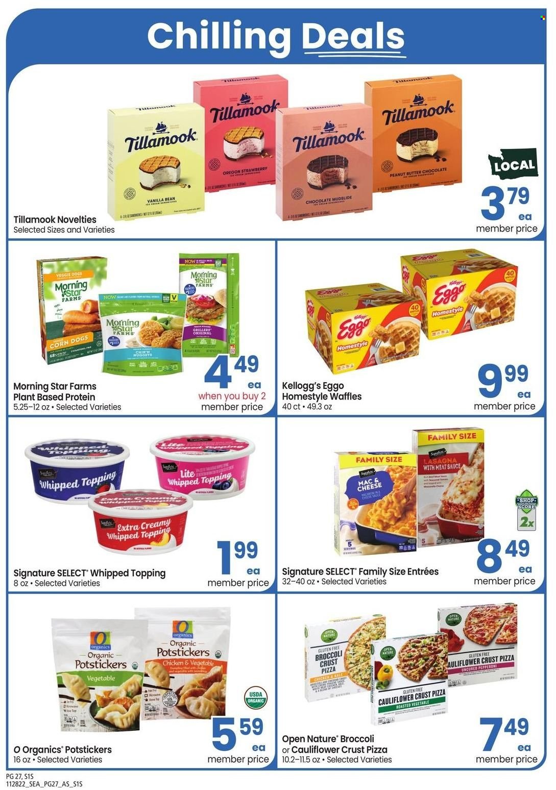 thumbnail - Safeway Flyer - 11/28/2022 - 01/01/2023 - Sales products - waffles, broccoli, pizza, sauce, lasagna meal, pepperoni, chocolate, Kellogg's, topping, peanut butter, sponge. Page 27.
