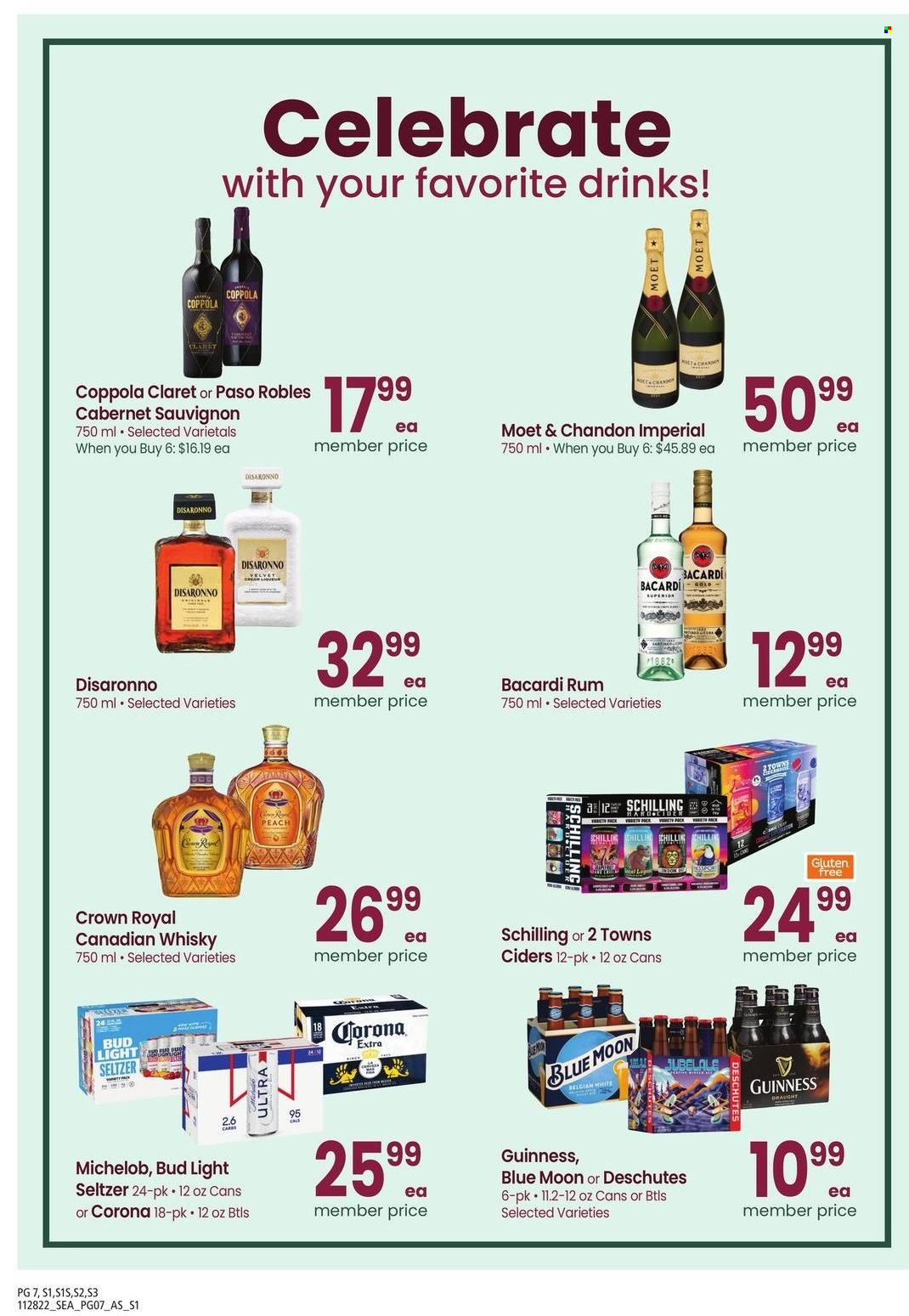 thumbnail - Safeway Flyer - 11/28/2022 - 01/01/2023 - Sales products - Cabernet Sauvignon, red wine, sparkling wine, wine, Moët & Chandon, Bacardi, canadian whisky, liqueur, rum, Hard Seltzer, whisky, beer, Bud Light, Corona Extra, Guinness, Blue Moon, Michelob. Page 7.