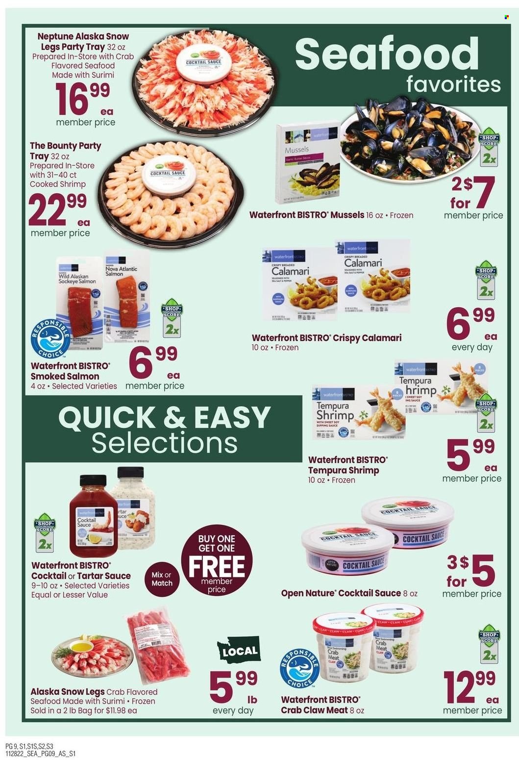 thumbnail - Safeway Flyer - 11/28/2022 - 01/01/2023 - Sales products - calamari, crab meat, mussels, salmon, smoked salmon, crab, shrimps, tartar sauce, Bounty, cocktail sauce. Page 9.