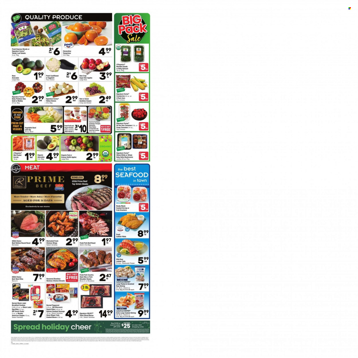 thumbnail - Albertsons Flyer - 11/30/2022 - 12/06/2022 - Sales products - spinach, apples, seafood, shrimps, bacon, Oscar Mayer, yoghurt, dip, snack, sugar, chicken breasts, beef meat, steak, round roast, sirloin steak, tangerines. Page 3.