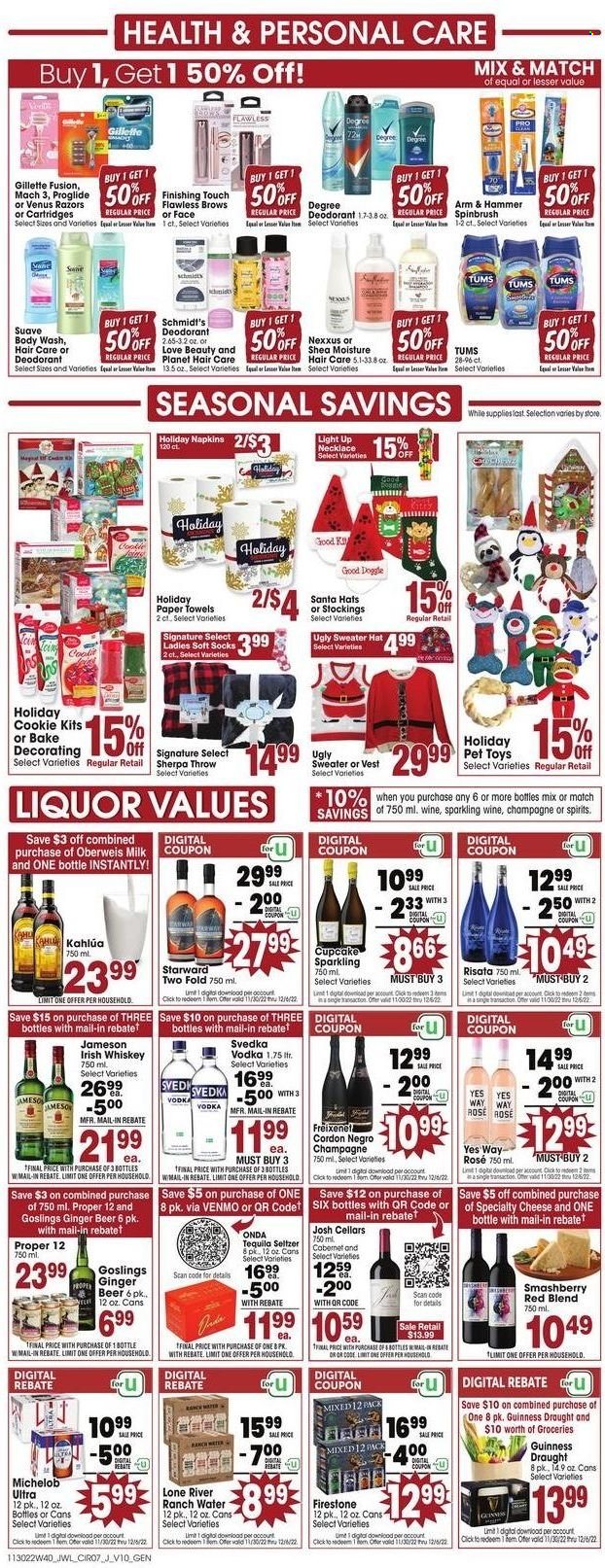 thumbnail - Jewel Osco Flyer - 11/30/2022 - 12/06/2022 - Sales products - cupcake, cheese, milk, UglyDolls, Santa, ARM & HAMMER, seltzer water, Cabernet Sauvignon, sparkling wine, rosé wine, tequila, vodka, whiskey, irish whiskey, Jameson, liquor, whisky, beer, Guinness, napkins, kitchen towels, paper towels, body wash, Suave, Nexxus, anti-perspirant, deodorant, Gillette, necklace, vest, Michelob, ginger beer. Page 7.