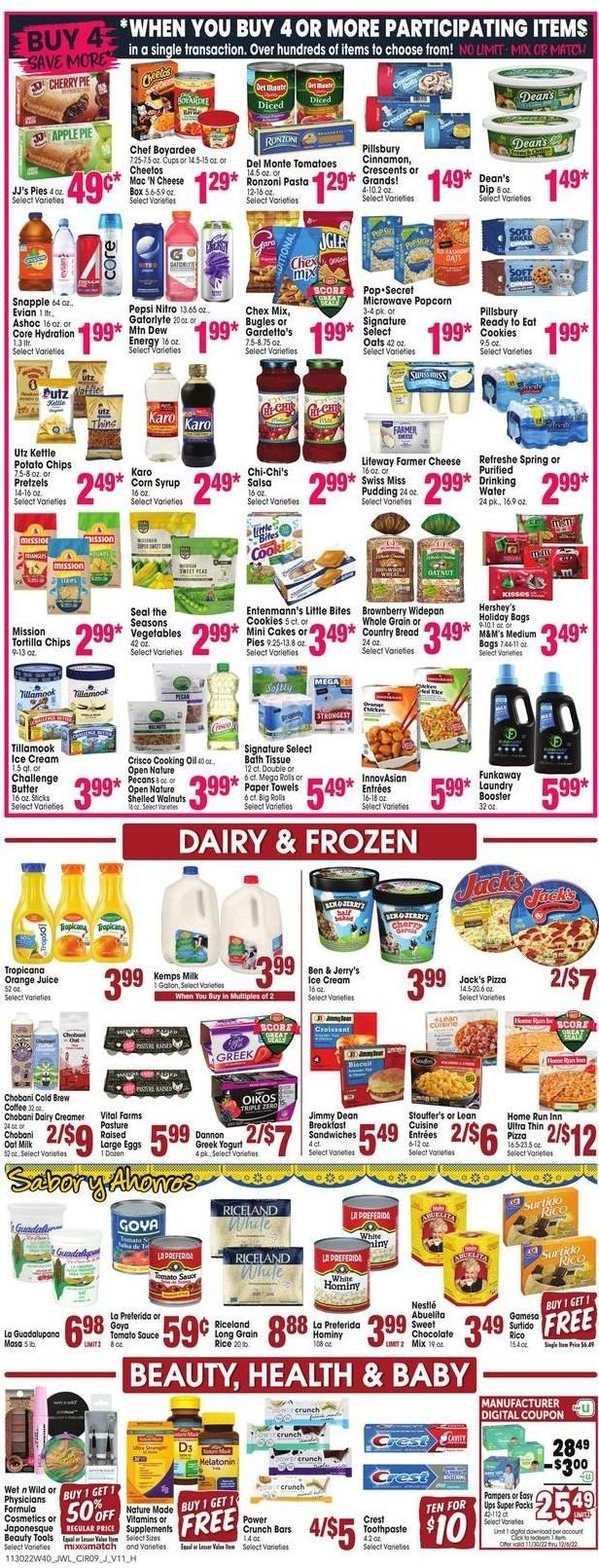 thumbnail - Jewel Osco Flyer - 11/30/2022 - 12/06/2022 - Sales products - bread, pretzels, cake, pie, apple pie, Entenmann's, cherry pie, corn, pizza, pasta, sauce, Pillsbury, Lean Cuisine, Jimmy Dean, farmer cheese, Kemps, greek yoghurt, pudding, yoghurt, Oikos, Chobani, Dannon, Swiss Miss, milk, oat milk, large eggs, butter, creamer, dip, ice cream, Hershey's, Ben & Jerry's, Stouffer's, cookies, Nestlé, M&M's, biscuit, Little Bites, tortilla chips, potato chips, Cheetos, Thins, popcorn, Chex Mix, Crisco, tomato sauce, Goya, Chef Boyardee, Del Monte, rice, long grain rice, cinnamon, salsa, oil, cooking oil, corn syrup, syrup, almonds, walnuts, pecans, Mountain Dew, Pepsi, orange juice, juice, Snapple, purified water, Evian, coffee, Sol, Pampers, bath tissue, kitchen towels, paper towels, toothpaste, Crest, cup, holiday bag, Melatonin, Nature Made, vitamin D3. Page 8.