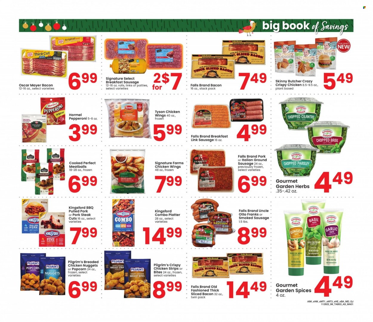 thumbnail - Albertsons Flyer - 11/29/2022 - 01/02/2023 - Sales products - garlic, ginger, parsley, meatballs, nuggets, fried chicken, chicken nuggets, pulled pork, Hormel, Kingsford, bacon, Oscar Mayer, sausage, smoked sausage, pepperoni, chicken wings, strips, chicken strips, popcorn, cilantro, herbs, garlic paste, steak, pork chops, pork meat. Page 3.
