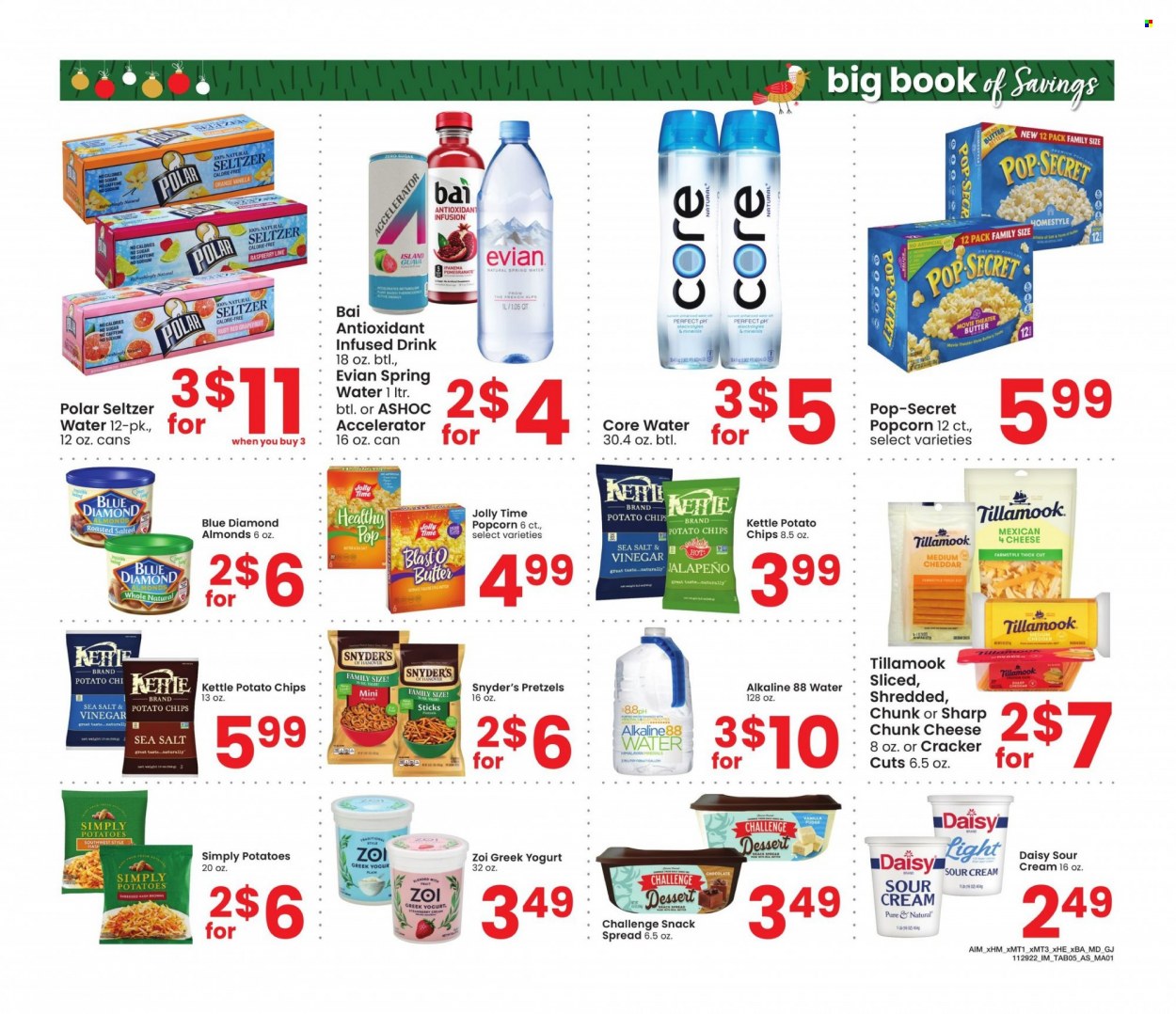 thumbnail - Albertsons Flyer - 11/29/2022 - 01/02/2023 - Sales products - pretzels, jalapeño, cheese, chunk cheese, greek yoghurt, yoghurt, butter, sour cream, snack, crackers, potato chips, chips, popcorn, almonds, Blue Diamond, Bai, seltzer water, spring water, Evian, Sharp, plant seeds. Page 5.