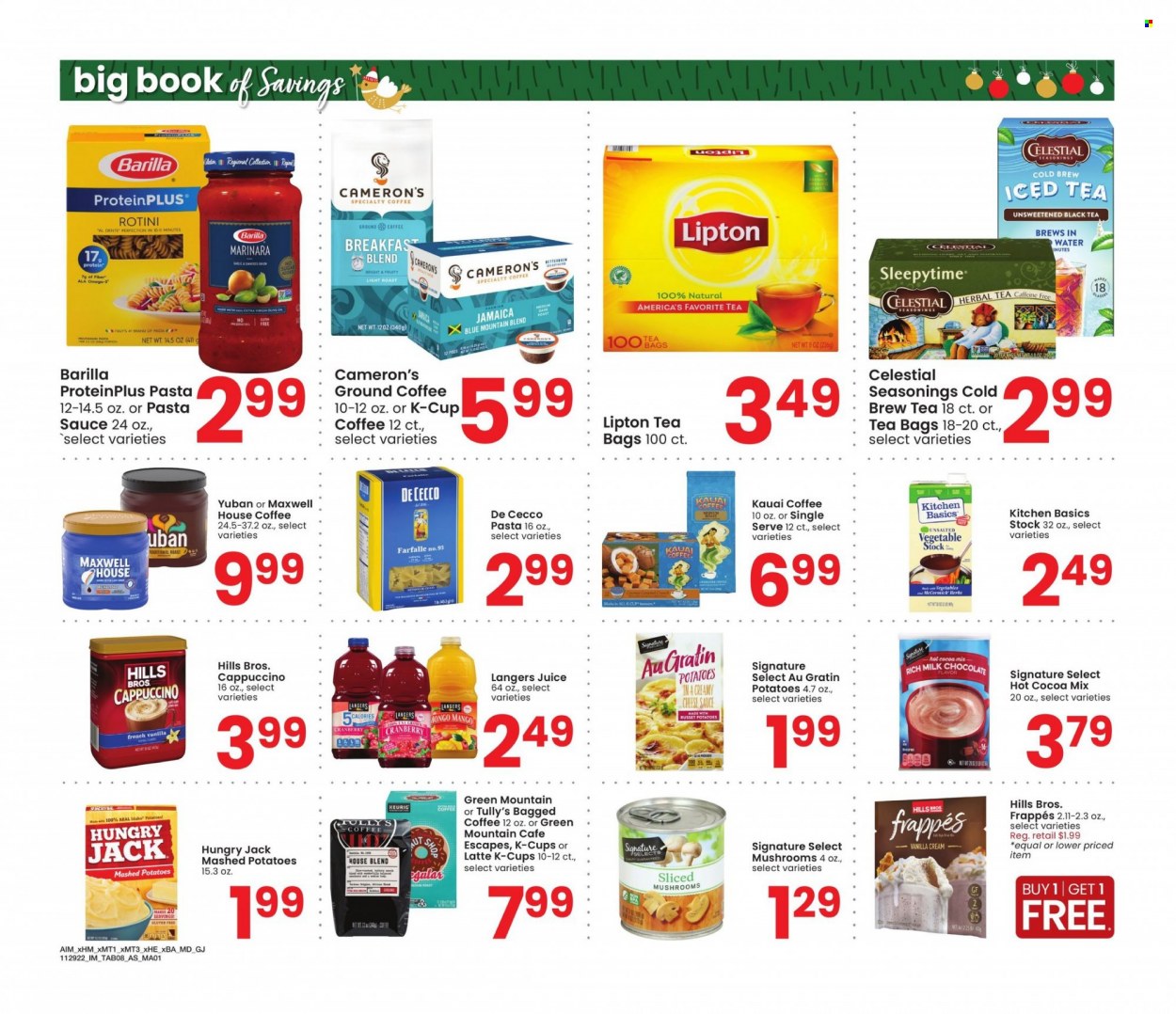 thumbnail - Albertsons Flyer - 11/29/2022 - 01/02/2023 - Sales products - mushrooms, mashed potatoes, pasta sauce, sauce, Barilla, cheese, milk, juice, Lipton, hot cocoa, Maxwell House, herbal tea, tea bags, cappuccino, coffee, ground coffee, coffee capsules, K-Cups, Keurig, Green Mountain, Hill's. Page 8.