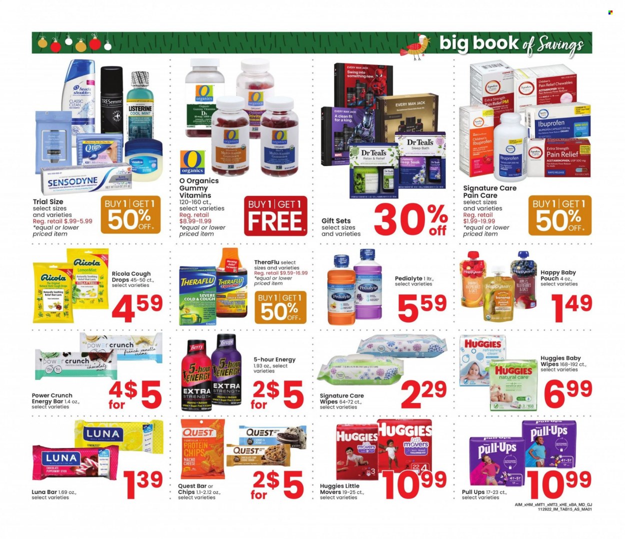 thumbnail - Albertsons Flyer - 11/29/2022 - 01/02/2023 - Sales products - tortillas, cheese, ricola, chips, wipes, Huggies, baby wipes, Listerine, Sensodyne, TRESemmé, Head & Shoulders, pain relief, multivitamin, Theraflu, Ibuprofen, cough drops. Page 15.