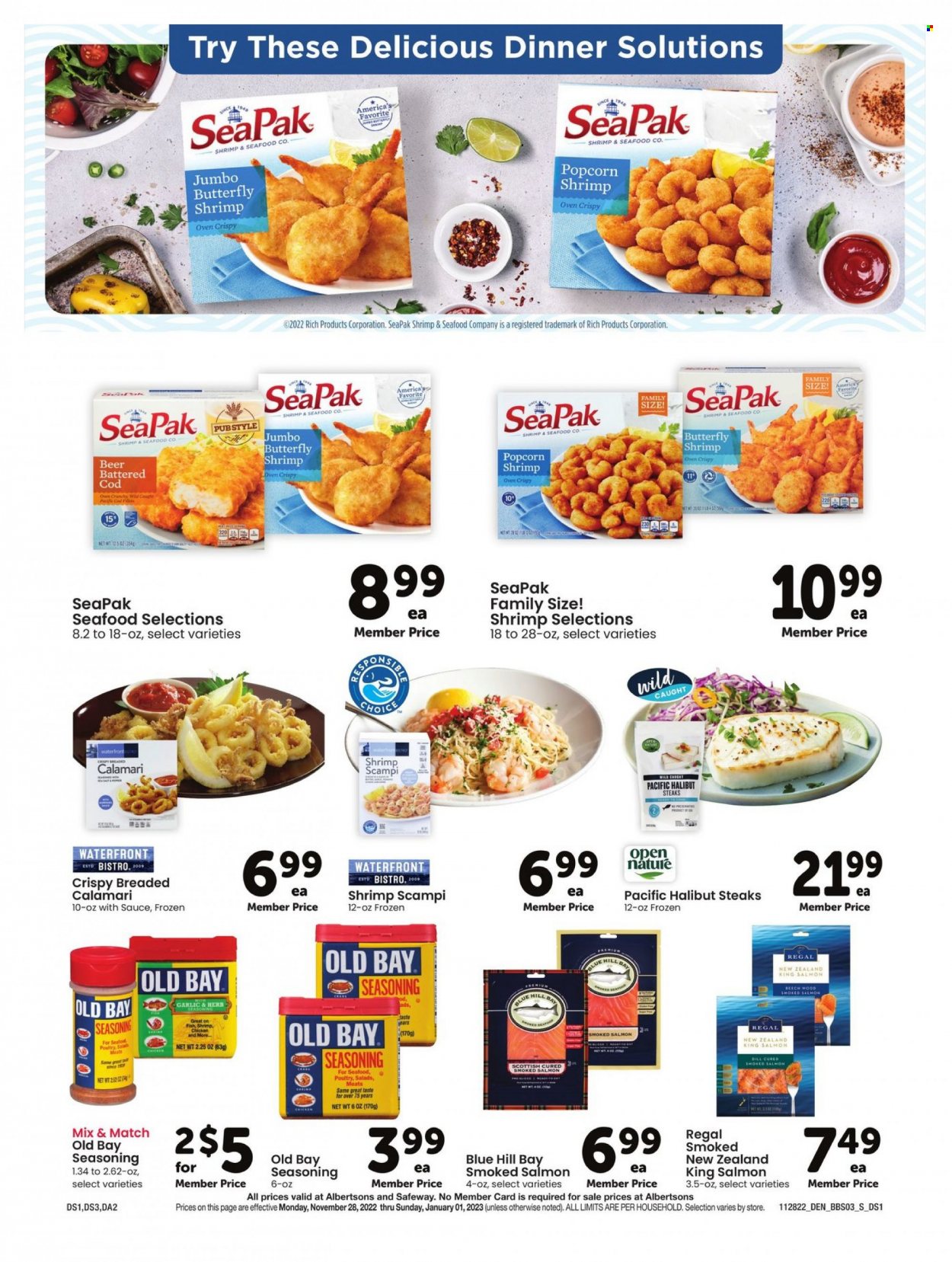 thumbnail - Albertsons Flyer - 11/28/2022 - 01/01/2023 - Sales products - calamari, cod, salmon, smoked salmon, halibut, seafood, shrimps, spice, beer, steak. Page 3.