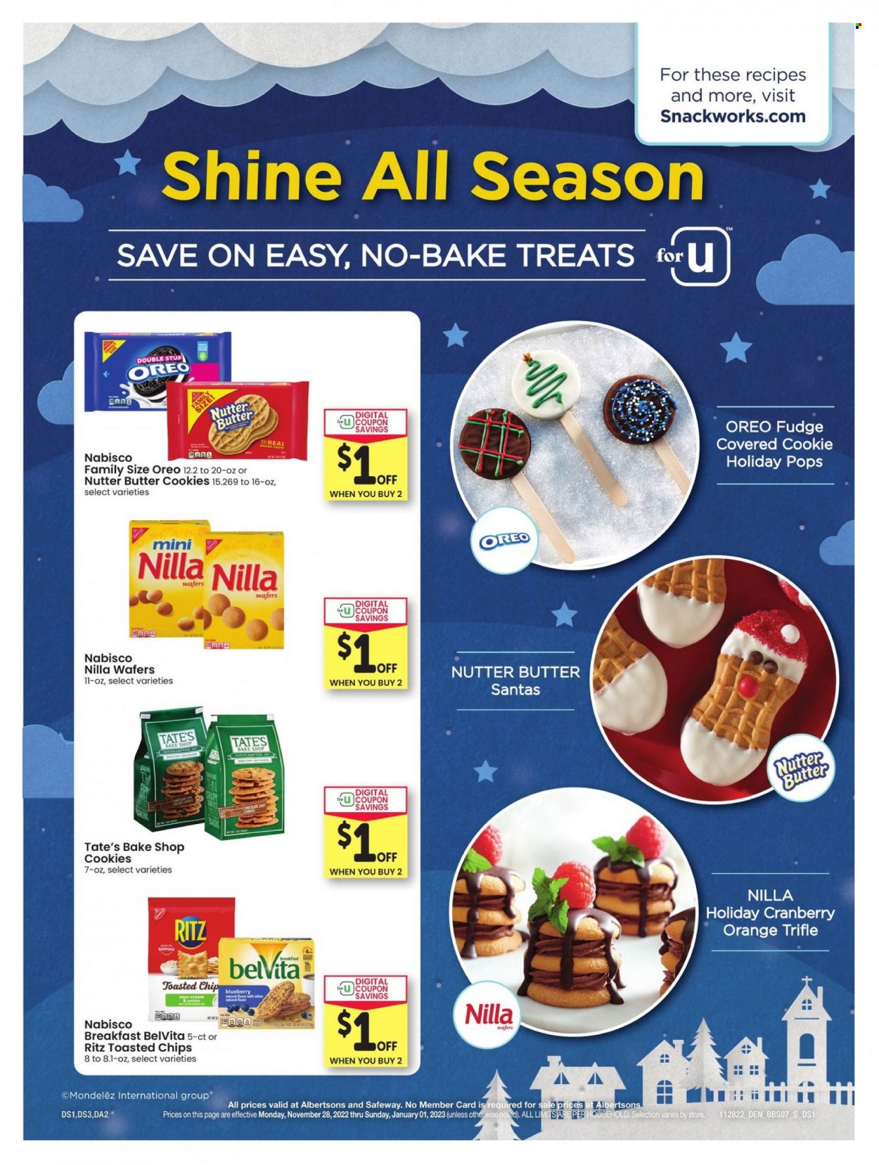thumbnail - Albertsons Flyer - 11/28/2022 - 01/01/2023 - Sales products - oranges, Oreo, cookies, fudge, wafers, butter cookies, RITZ, chips, belVita. Page 7.