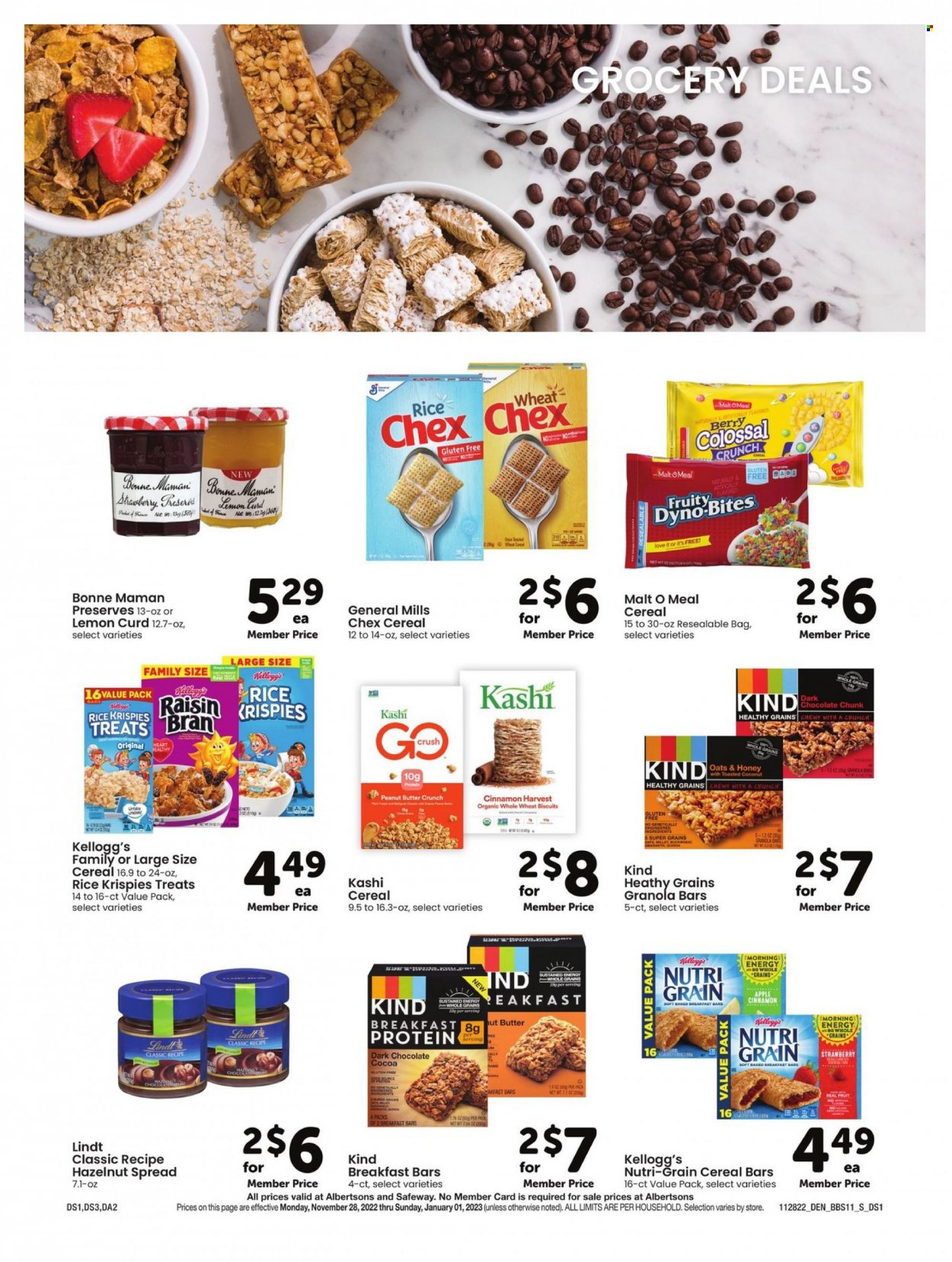 thumbnail - Albertsons Flyer - 11/28/2022 - 01/01/2023 - Sales products - curd, chocolate, Lindt, cereal bar, Kellogg's, biscuit, dark chocolate, malt, cereals, granola bar, Rice Krispies, Nutri-Grain, cinnamon, honey, lemon curd, hazelnut spread. Page 11.