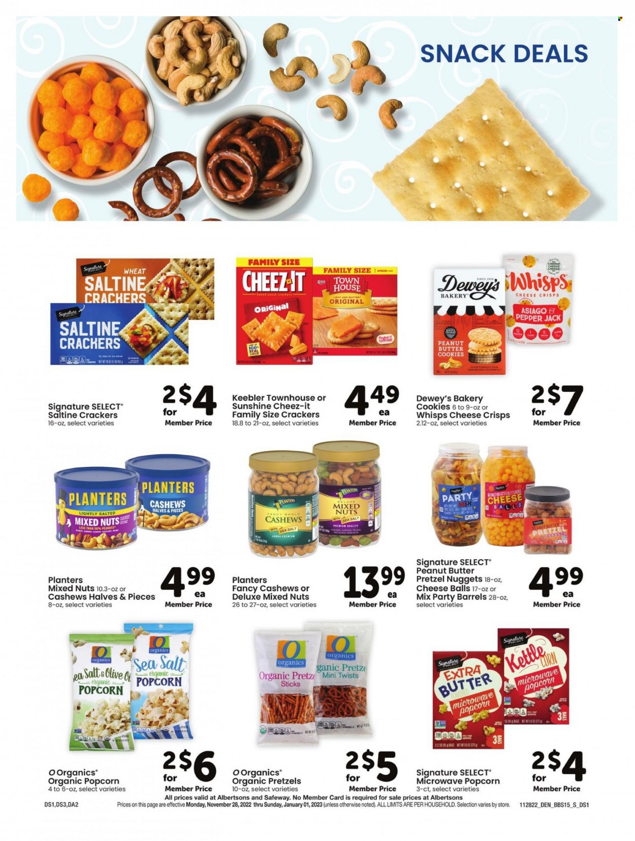 thumbnail - Albertsons Flyer - 11/28/2022 - 01/01/2023 - Sales products - pretzels, corn, nuggets, asiago, Pepper Jack cheese, cheese, Sunshine, cookies, butter cookies, snack, crackers, Keebler, popcorn, Cheez-It, cashews, mixed nuts, Planters. Page 15.