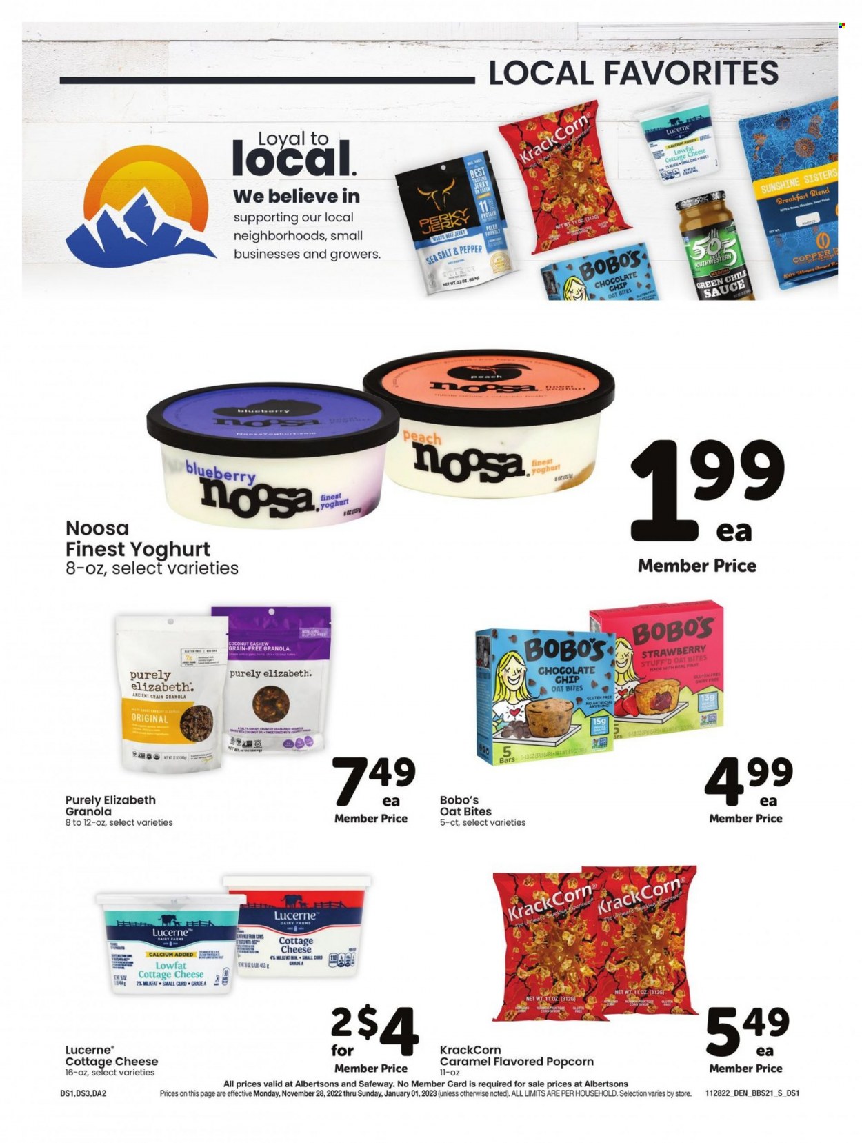 thumbnail - Albertsons Flyer - 11/28/2022 - 01/01/2023 - Sales products - sauce, jerky, cottage cheese, cheese, yoghurt, Sunshine, chocolate chips, popcorn, sea salt, granola, oat bites, caramel, breakfast blend, calcium. Page 21.