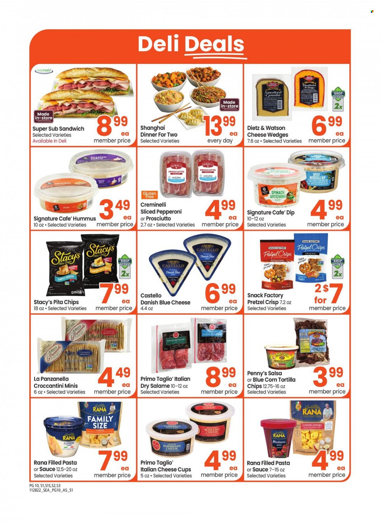 thumbnail - Albertsons Flyer - 11/28/2022 - 01/01/2023 - Sales products - artichoke, spinach, sandwich, Rana, filled pasta, Dietz & Watson, pepperoni, hummus, blue cheese, cheese cup, parmesan, cheese, dip, snack, tortilla chips, chips, pretzel crisps, pita chips, salsa, cup. Page 10.