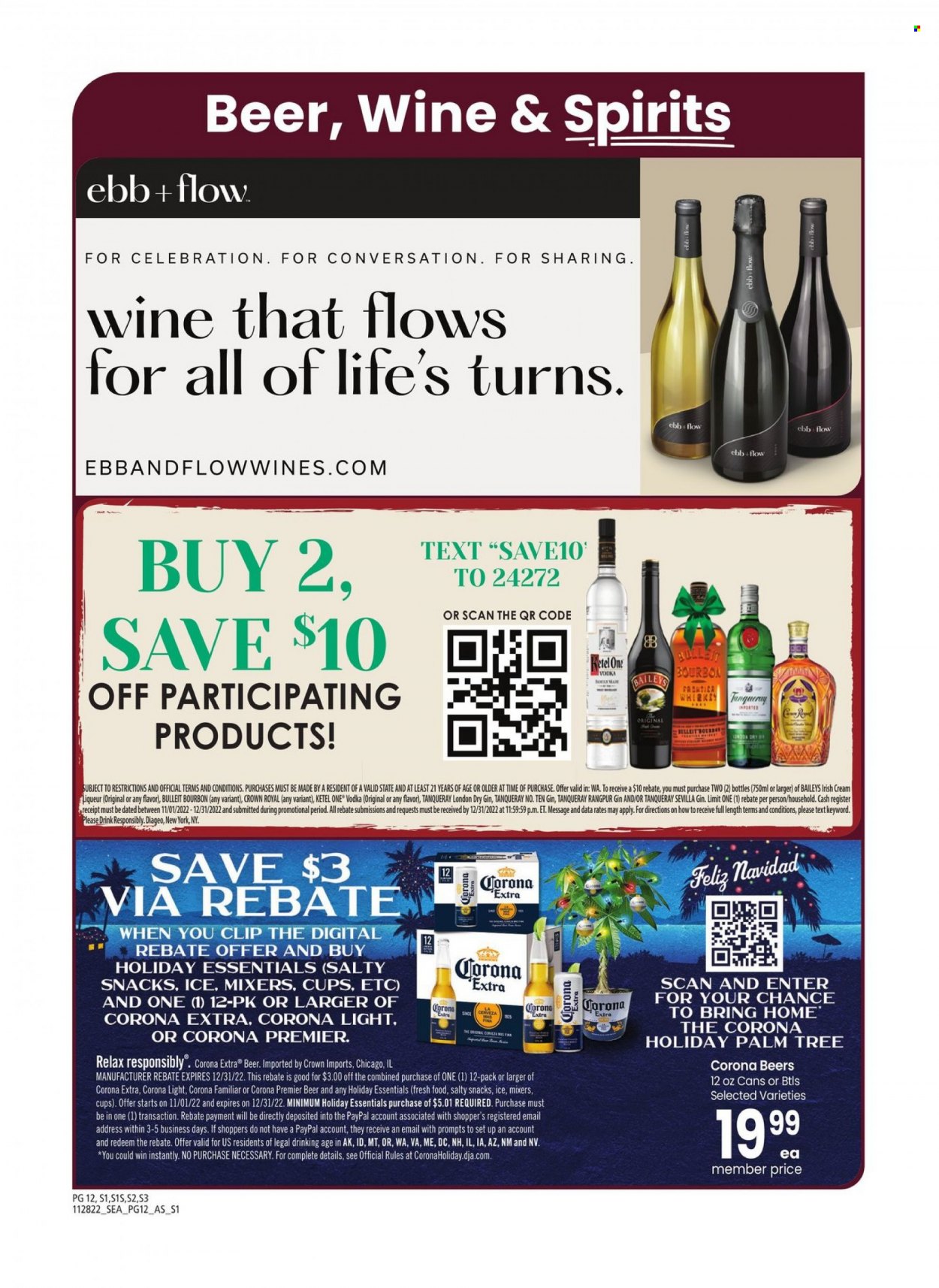 thumbnail - Albertsons Flyer - 11/28/2022 - 01/01/2023 - Sales products - snack, Celebration, wine, bourbon, gin, liqueur, vodka, irish cream, Baileys, beer, Corona Extra, cup. Page 12.