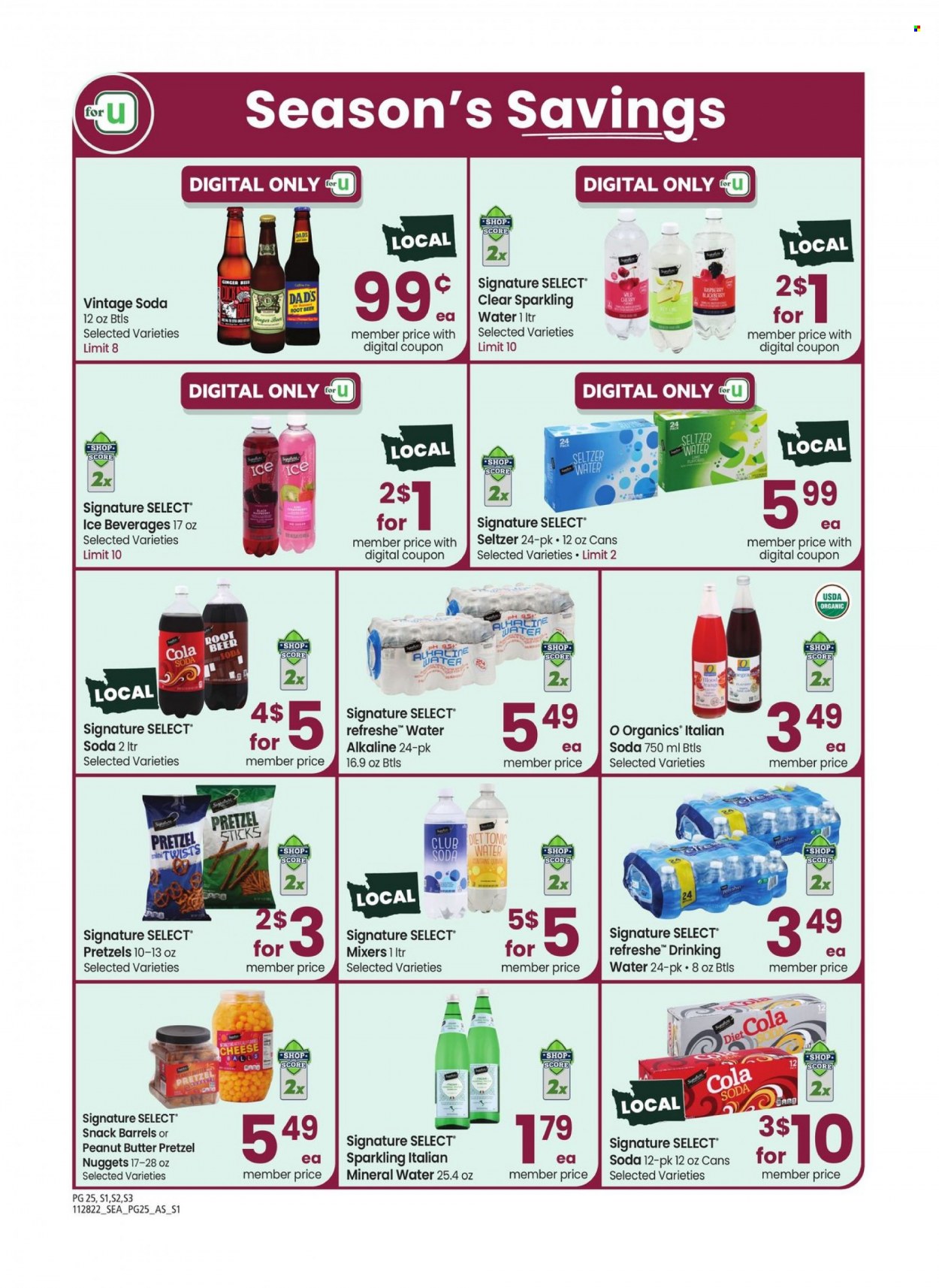 thumbnail - Albertsons Flyer - 11/28/2022 - 01/01/2023 - Sales products - pretzels, nuggets, cheese, snack, tonic, mineral water, seltzer water, soda, sparkling water, beer. Page 25.