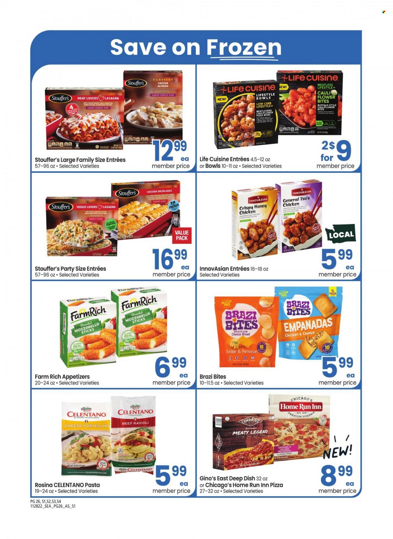 thumbnail - Albertsons Flyer - 11/28/2022 - 01/01/2023 - Sales products - bread, enchiladas, ravioli, pizza, chicken enchiladas, pasta, tortellini, lasagna meal, empanadas, sausage, pepperoni, parmesan, Stouffer's, bowl. Page 26.