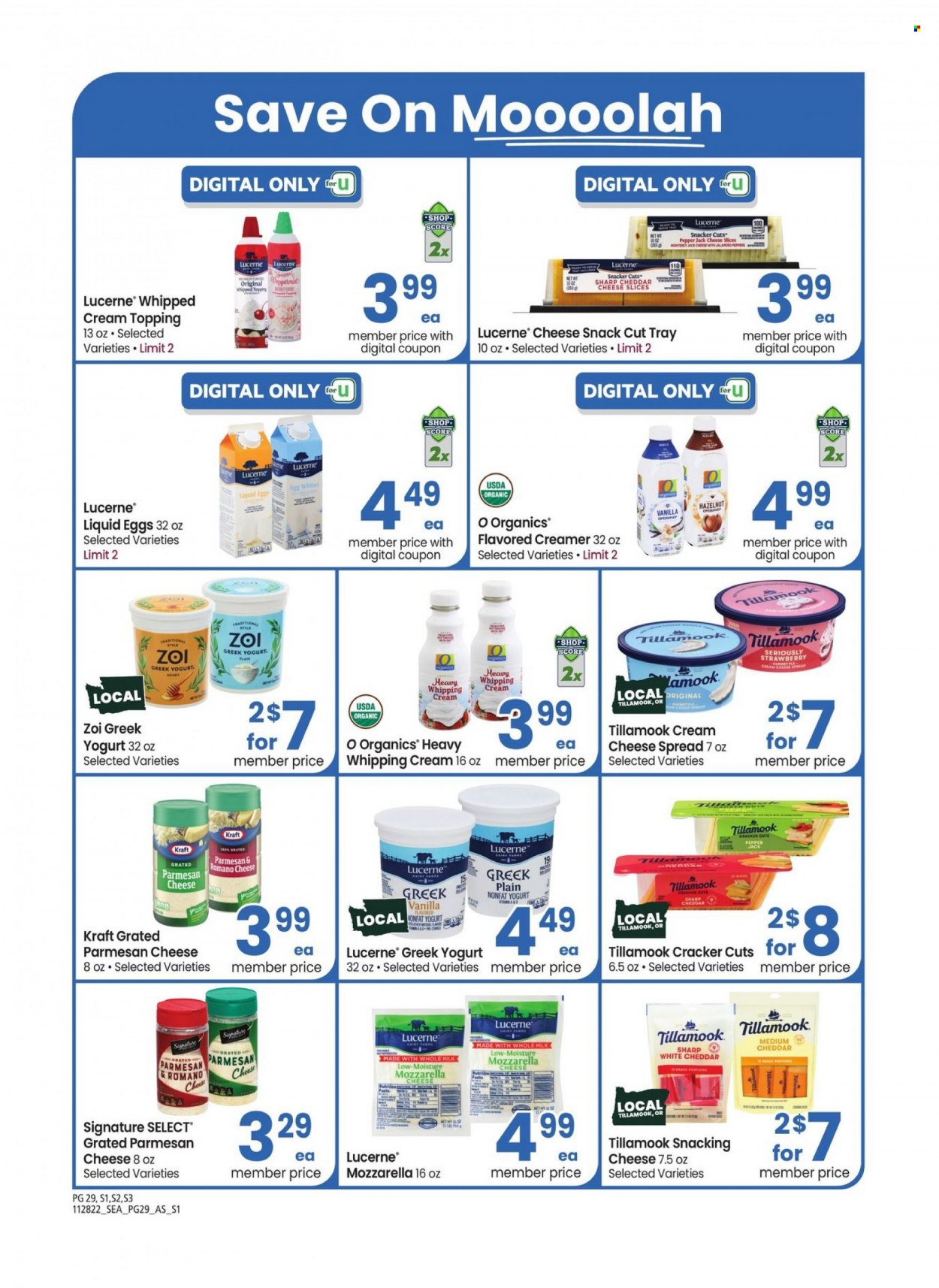 thumbnail - Albertsons Flyer - 11/28/2022 - 01/01/2023 - Sales products - Kraft®, cheese spread, cream cheese, mozzarella, sliced cheese, cheddar, parmesan, greek yoghurt, yoghurt, milk, eggs, whipped cream, creamer, whipping cream, snack, crackers, topping, tray. Page 29.