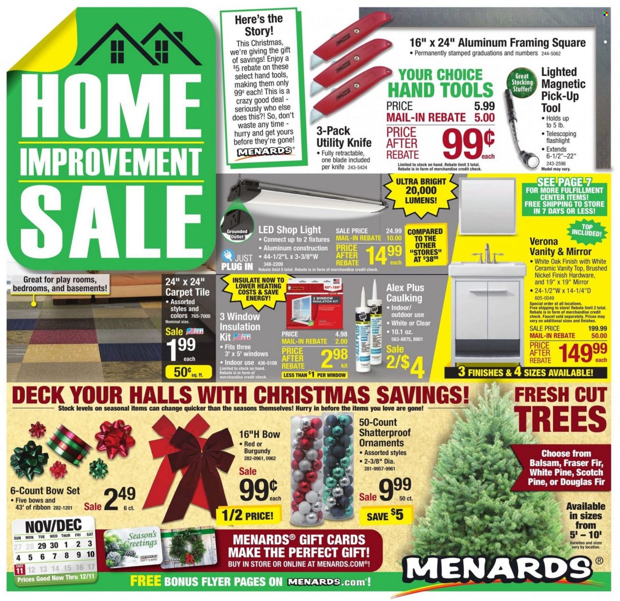 thumbnail - Menards Flyer - 11/29/2022 - 12/11/2022 - Sales products - Halls, 7 Days, vanity, mirror, flashlight, shop light, window, hand tools, utility knife. Page 1.