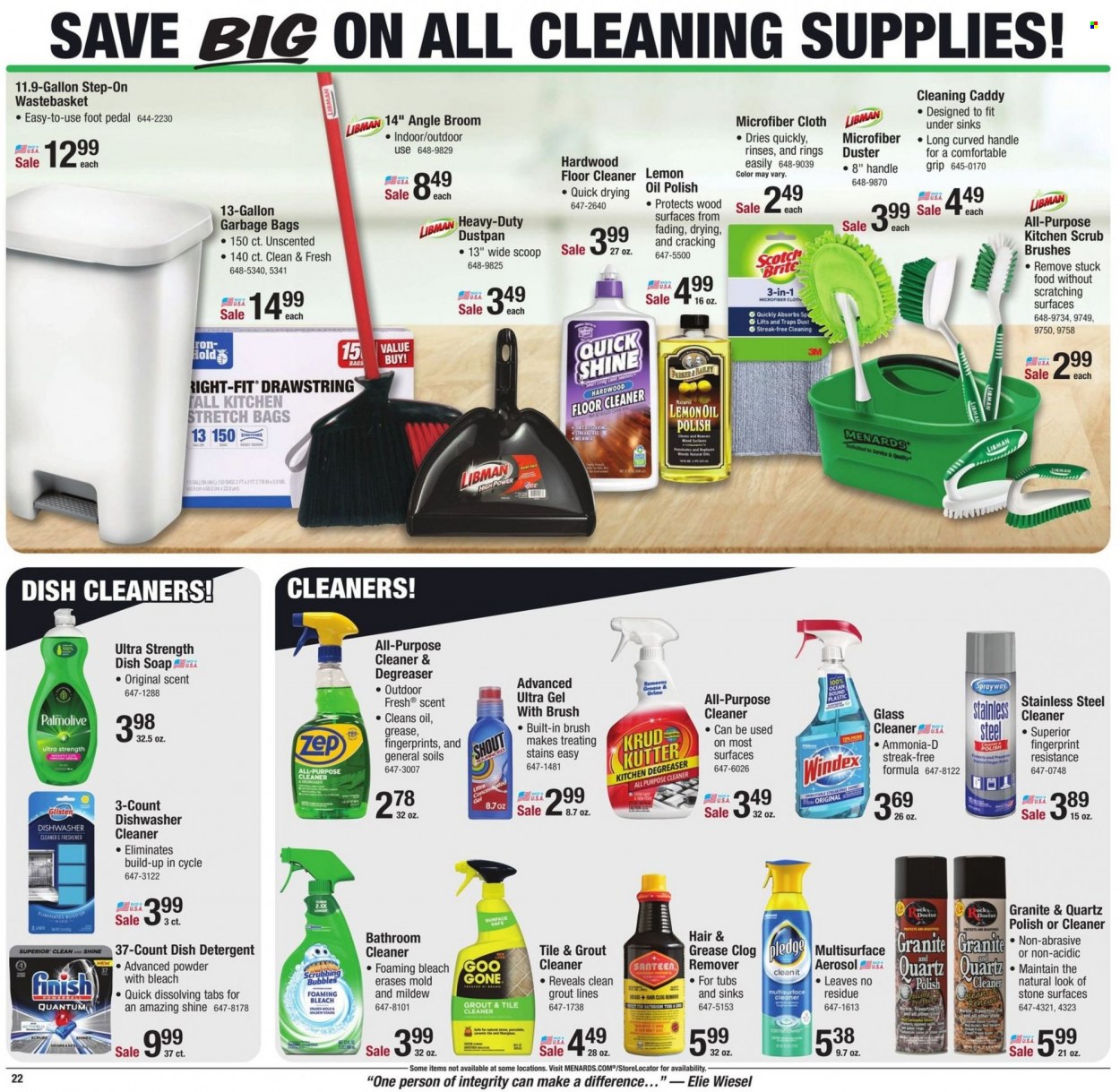 thumbnail - Menards Flyer - 11/29/2022 - 12/11/2022 - Sales products - beans, oil, Ron Pelicano, detergent, Windex, Scrubbing Bubbles, cleaner, bleach, all purpose cleaner, floor cleaner, glass cleaner, Pledge, dishwashing liquid, dishwasher cleaner, Finish Powerball, Finish Quantum Ultimate, Palmolive, bag, duster, broom, angle broom, Parker, polish, degreaser. Page 25.