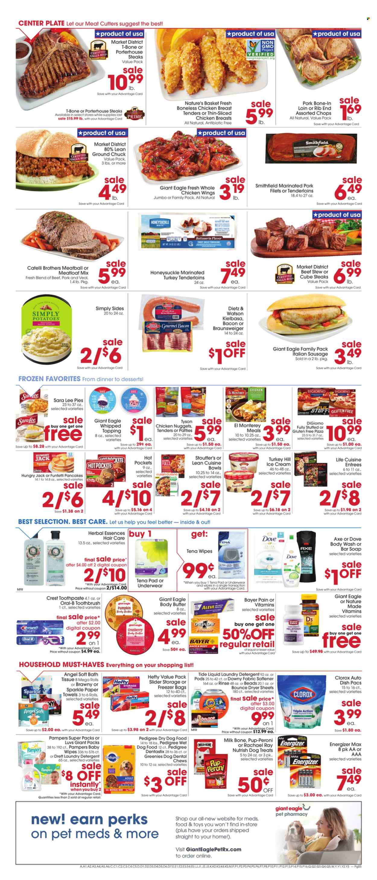 thumbnail - Giant Eagle Flyer - 12/01/2022 - 12/07/2022 - Sales products - Sara Lee, pumpkin, mashed potatoes, hot pocket, pizza, chicken tenders, nuggets, pancakes, chicken nuggets, meatloaf, Lean Cuisine, bacon, Dietz & Watson, sausage, italian sausage, kielbasa, milk, ice cream, chicken wings, Stouffer's, Dove, chewing gum, topping, coconut water, turkey breast, whole chicken, turkey tenderloin, beef meat, ground chuck, t-bone steak, steak, portehouse steak, pork meat, marinated pork, wipes, Pampers, baby wipes, bath tissue, kitchen towels, paper towels, detergent, Clorox, Tide, fabric softener, laundry detergent, Bounce, dryer sheets, Downy Laundry, body wash, soap bar, soap, toothbrush, Oral-B, toothpaste, Crest, Herbal Essences, body butter, Axe, Hefty, basket, plate, freezer bag, Energizer, animal food, Greenies, dry dog food, dental chews, dog food, wet dog food, Dentastix, Pedigree, Pup-Peroni, Nutrish, Aleve, Melatonin, Nature Made, vitamin D3, Bayer. Page 3.