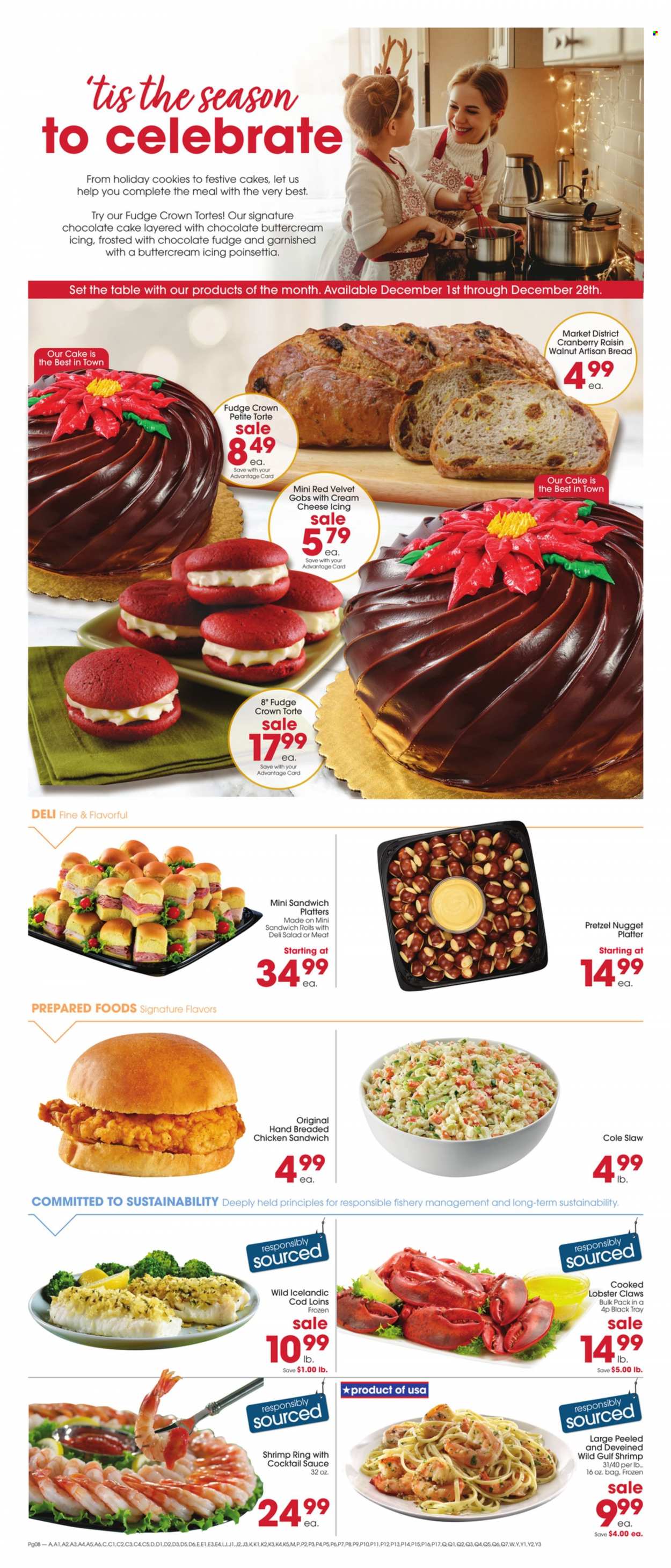 thumbnail - Giant Eagle Flyer - 12/01/2022 - 12/07/2022 - Sales products - bread, pretzels, cake, sandwich rolls, chocolate cake, cod, lobster, shrimps, sauce, fried chicken, cheese, cookies, fudge, chocolate, cocktail sauce, tray, sandwich platters, poinsettia, vitamin D3. Page 6.