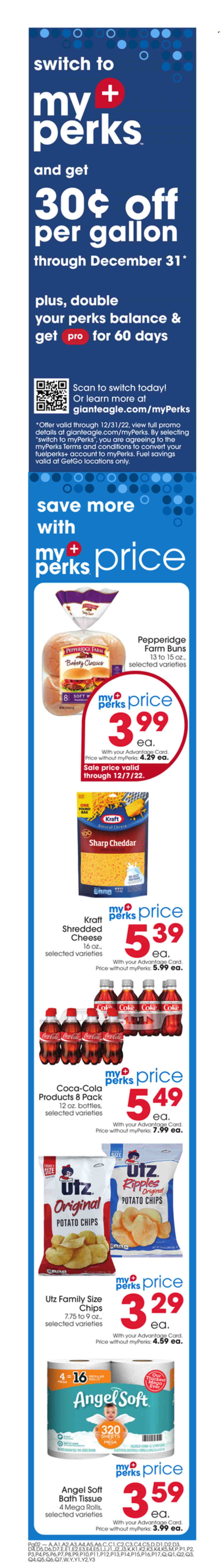 thumbnail - Giant Eagle Flyer - 12/01/2022 - 12/07/2022 - Sales products - buns, Kraft®, shredded cheese, potato chips, chips, Coca-Cola, switch, bath tissue, bag, vitamin D3. Page 9.