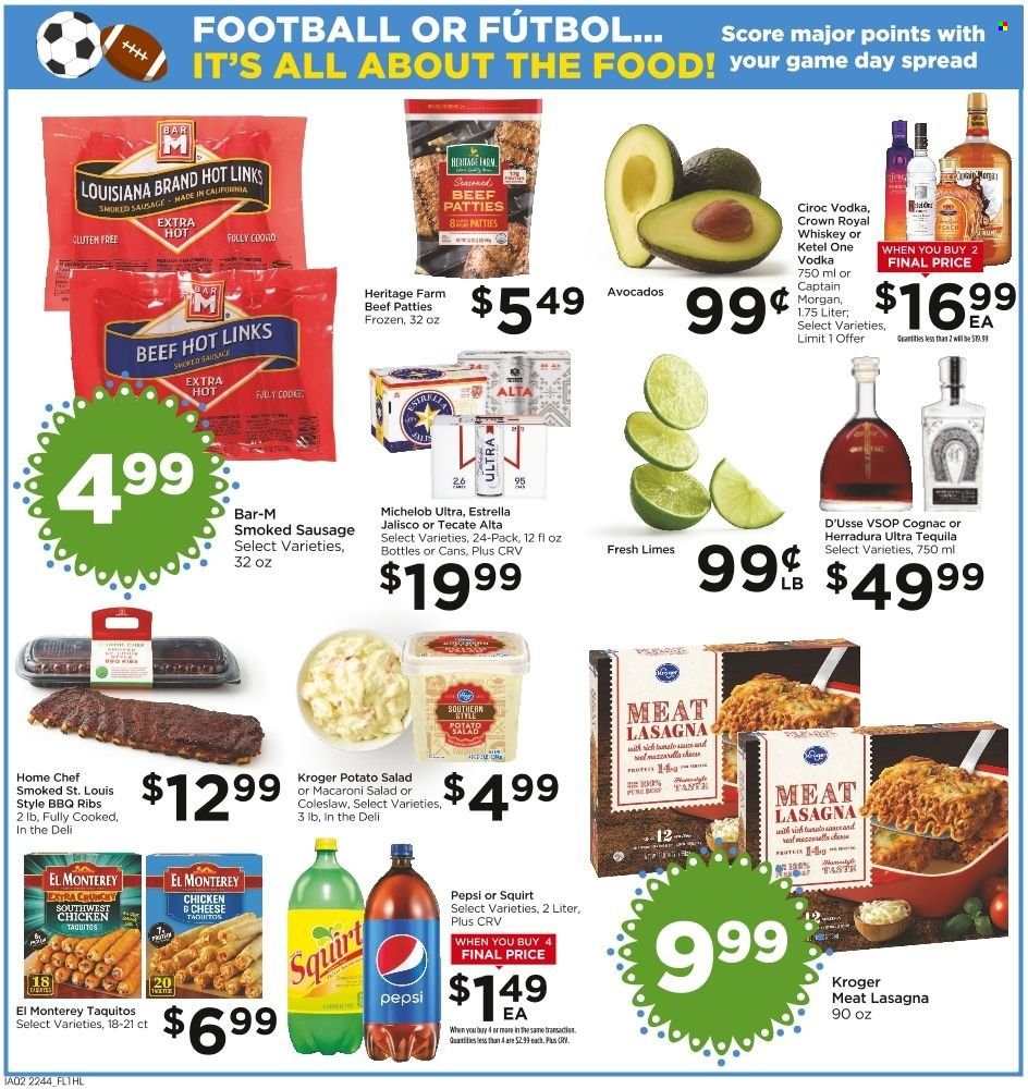 thumbnail - Food 4 Less Flyer - 11/30/2022 - 12/06/2022 - Sales products - avocado, limes, coleslaw, lasagna meal, taquitos, sausage, smoked sausage, potato salad, macaroni salad, Pepsi, Captain Morgan, cognac, tequila, vodka, whiskey, Cîroc, whisky, beer, Michelob. Page 2.