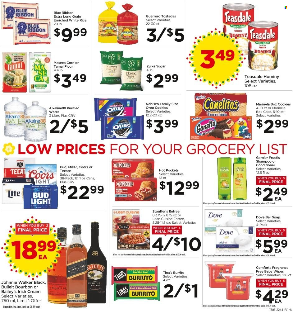 thumbnail - Food 4 Less Flyer - 11/30/2022 - 12/06/2022 - Sales products - cake, tostadas, hot pocket, pizza, burrito, Lean Cuisine, ham, pepperoni, Oreo, Stouffer's, cookies, Dove, flour, sugar, rice, white rice, cinnamon, purified water, bourbon, irish cream, Baileys, Johnnie Walker, beer, Miller, wipes, baby wipes, shampoo, soap bar, soap, Garnier, conditioner, Fructis, Coors. Page 4.