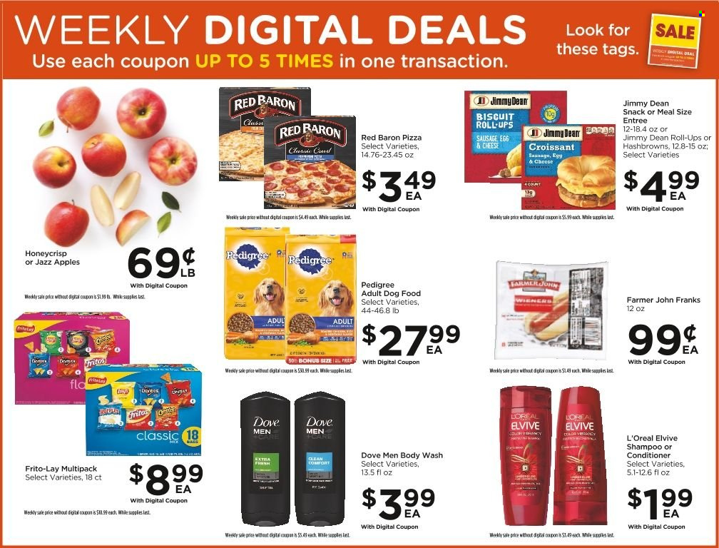 thumbnail - Food 4 Less Flyer - 11/30/2022 - 12/06/2022 - Sales products - croissant, apples, pizza, Jimmy Dean, sausage, eggs, hash browns, Red Baron, Dove, snack, biscuit, Fritos, Frito-Lay, body wash, shampoo, L’Oréal, conditioner, animal food, dog food, Pedigree. Page 8.