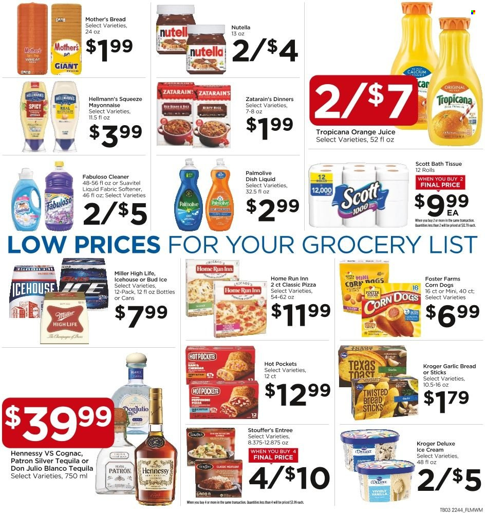 thumbnail - Food 4 Less Flyer - 11/30/2022 - 12/06/2022 - Sales products - hot pocket, pizza, meatloaf, pepperoni, mayonnaise, Hellmann’s, ice cream, Stouffer's, Nutella, bread sticks, rice, orange juice, juice, cognac, tequila, Hennessy, Miller, bath tissue, Scott, cleaner, Fabuloso, fabric softener, dishwashing liquid, Palmolive, calcium. Page 4.