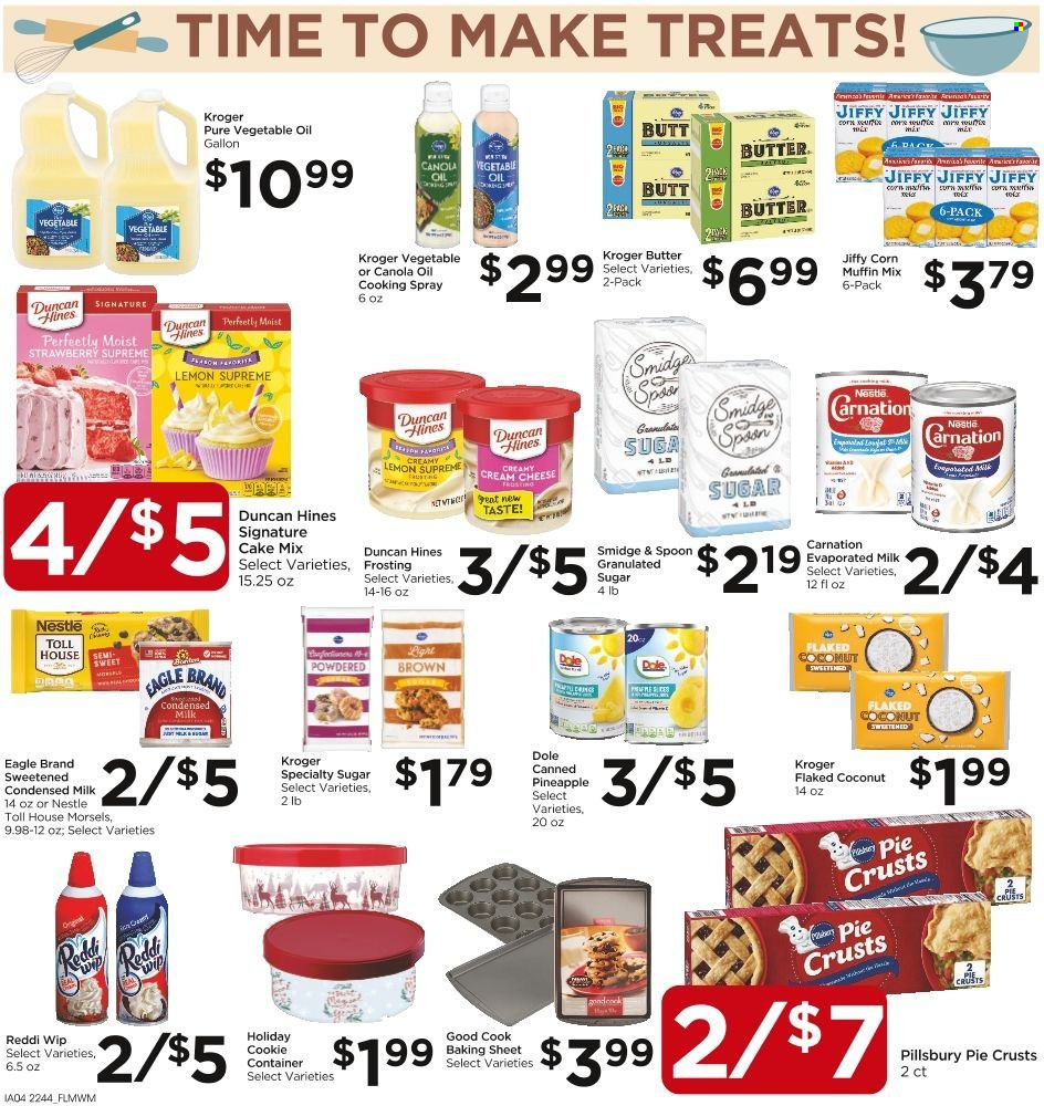thumbnail - Food 4 Less Flyer - 11/30/2022 - 12/06/2022 - Sales products - container, pie, cake mix, muffin mix, corn, Dole, pineapple, coconut, Pillsbury, cream cheese, cheese, evaporated milk, condensed milk, butter, Nestlé, frosting, pie crust, corn muffin, canola oil, cooking spray, vegetable oil, oil, flaked coconut, spoon, Jiffy. Page 5.