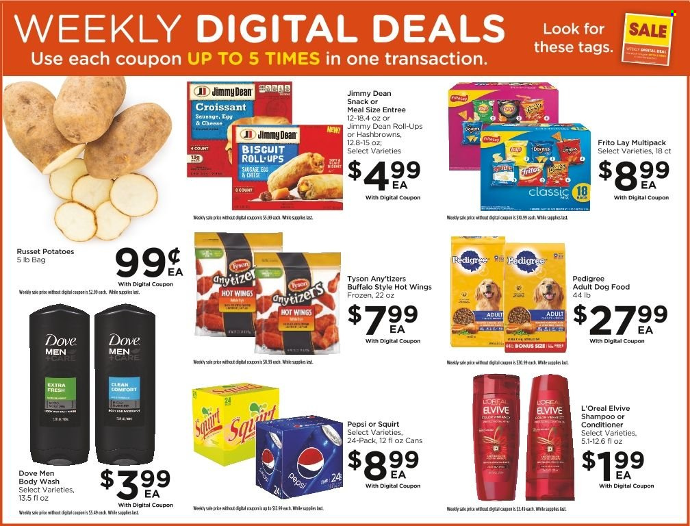 thumbnail - Food 4 Less Flyer - 11/30/2022 - 12/06/2022 - Sales products - croissant, russet potatoes, potatoes, Jimmy Dean, sausage, eggs, hash browns, Dove, snack, biscuit, Fritos, Frito-Lay, Pepsi, body wash, shampoo, L’Oréal, conditioner, animal food, dog food, Pedigree. Page 8.