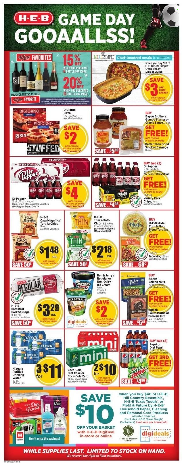 thumbnail - H-E-B Flyer - 11/30/2022 - 12/06/2022 - Sales products - cake, brownie mix, corn, onion, pizza, sausage, smoked sausage, pork sausage, ice cream, Ben & Jerry's, tortilla chips, potato chips, chips, Coca-Cola, Sprite, Pepsi, Dr. Pepper, Diet Pepsi, Diet Coke, Coca-Cola zero, BROTHERS, paper. Page 2.