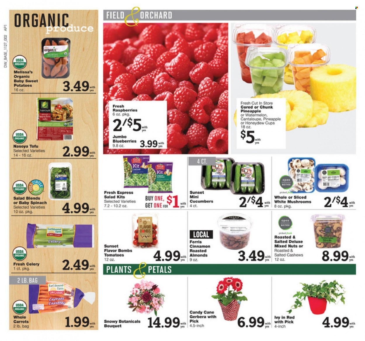 thumbnail - D&W Fresh Market Flyer - 11/27/2022 - 12/03/2022 - Sales products - mushrooms, carrots, celery, cucumber, spinach, sweet potato, tomatoes, potatoes, salad, blueberries, watermelon, honeydew, tofu, candy cane, cinnamon, almonds, cashews, mixed nuts, Hask. Page 2.