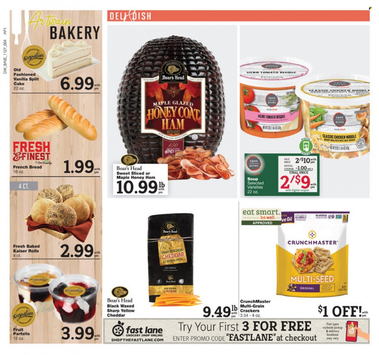 thumbnail - D&W Fresh Market Flyer - 11/27/2022 - 12/03/2022 - Sales products - bread, cake, french bread, soup, noodles cup, noodles, ham, cheddar, cheese, crackers, oil. Page 4.