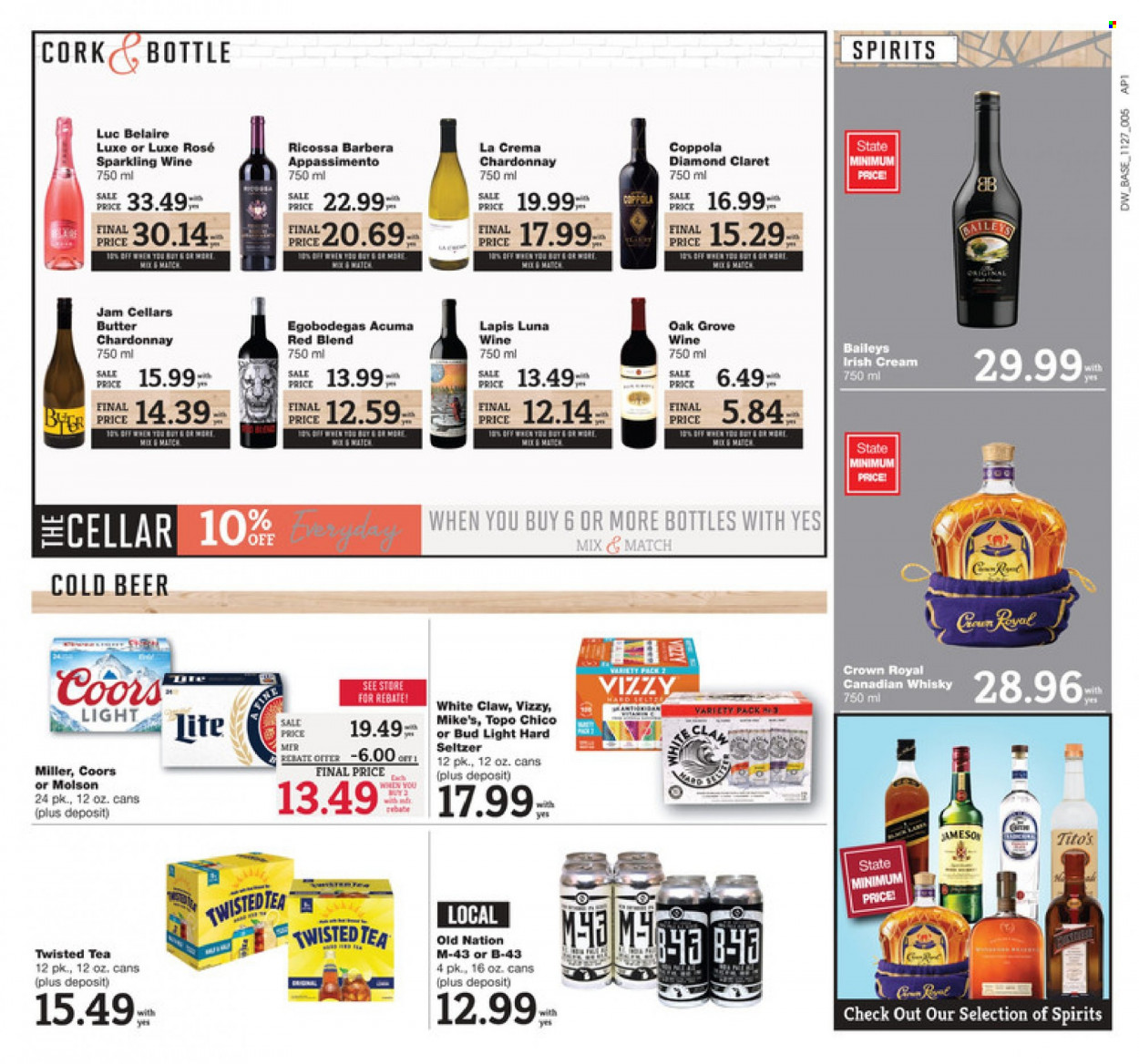 thumbnail - D&W Fresh Market Flyer - 11/27/2022 - 12/03/2022 - Sales products - butter, tea, sparkling wine, white wine, Chardonnay, wine, rosé wine, canadian whisky, irish cream, Jameson, Baileys, White Claw, Hard Seltzer, whisky, beer, Bud Light, Miller, Coors, Twisted Tea. Page 5.